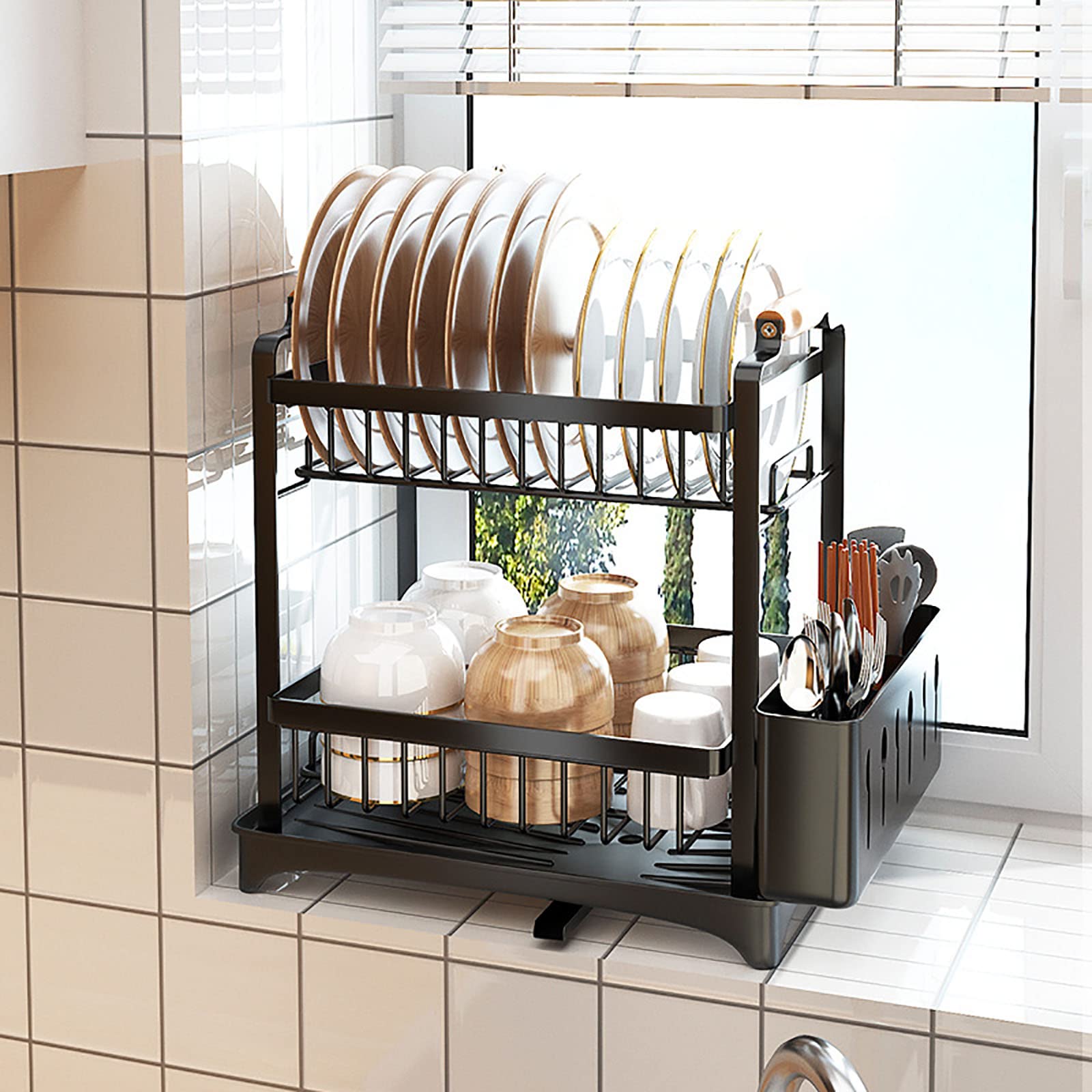 SaryEdge Dish Drainers Over The Sink Dish Drying Rack,2 Tier Dish Rack And Drainboard Set,Made Of Stainless Steel Dish Drying Rack With Utensil Holder Dish Rack For Kitchen Coun,B