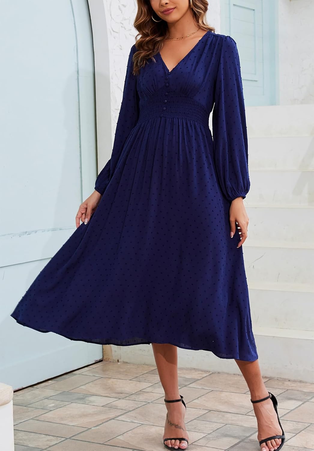 Kormei Women Casual Boho V Neck Long Sleeve Swiss Dot Smocked High Waist A Line Swing Fall Midi Long Dress - Image 2