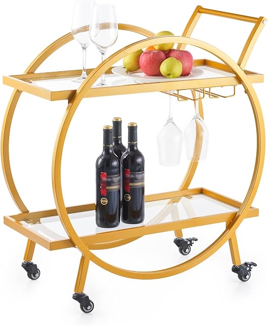 VONLUCE Vintage Drinks Trolley on Wheels with Storage Shelves & Wine Glass Holders, 2 Tier Coffee Cart for Restaurant Bar Club Home Kitchen Storage, 81 cm Tall Rolling Side Table with Shelf, Gold