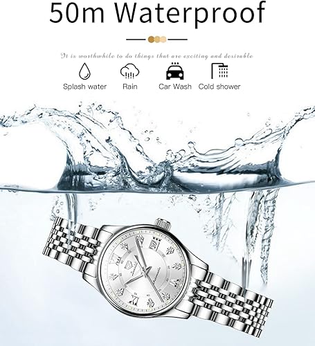 Miniatura 4 de OLEVS Relojes automáticos para mujer, de lujo, de acero inoxidable dorado y plateado, relojes de pulsera delgados mecánicos, volante mecánico, fase