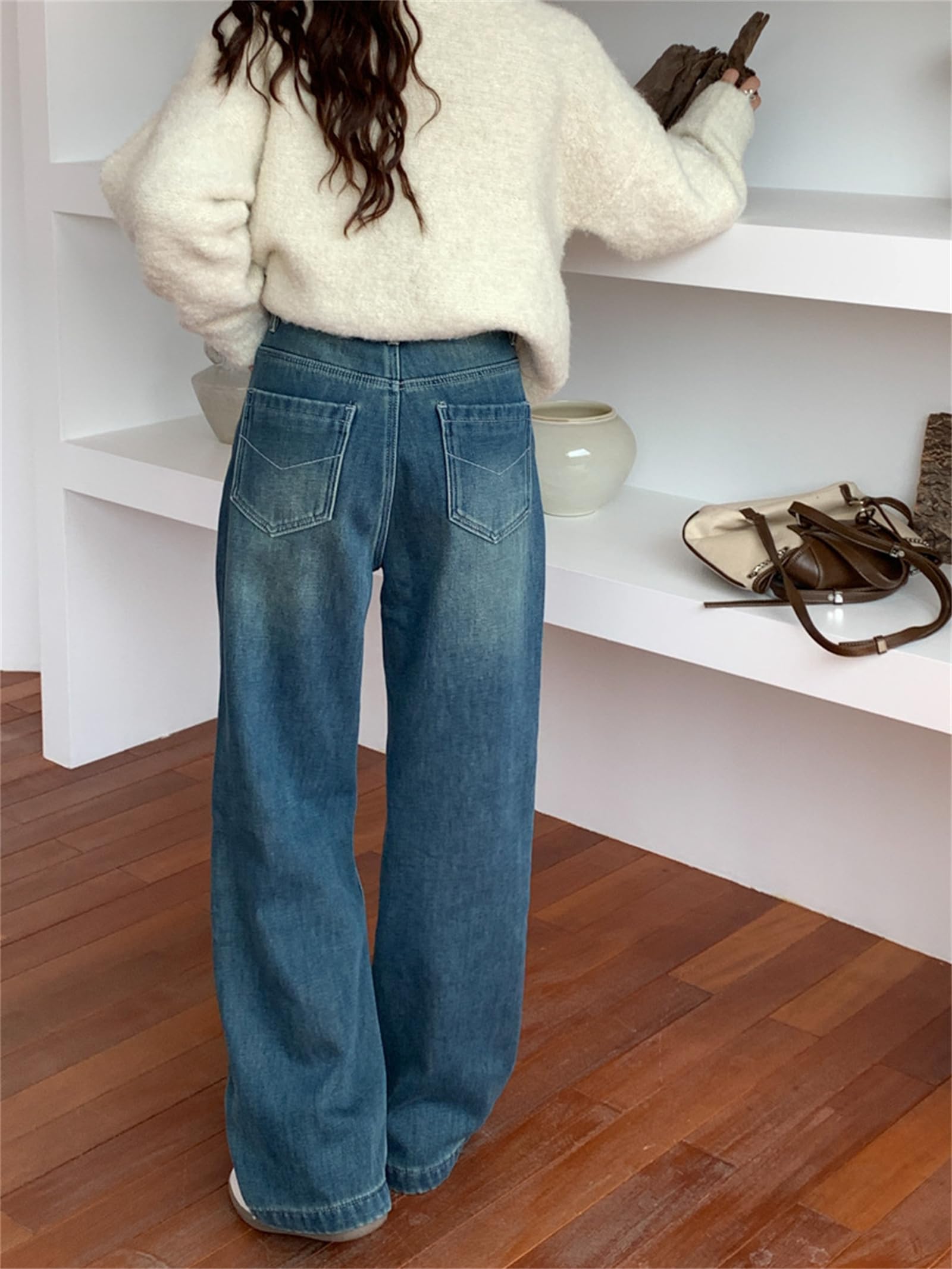 Pantaloni a Gamba Larga in Denim Autunno e Inverno Jeans Large Leg in Velluto da Donna