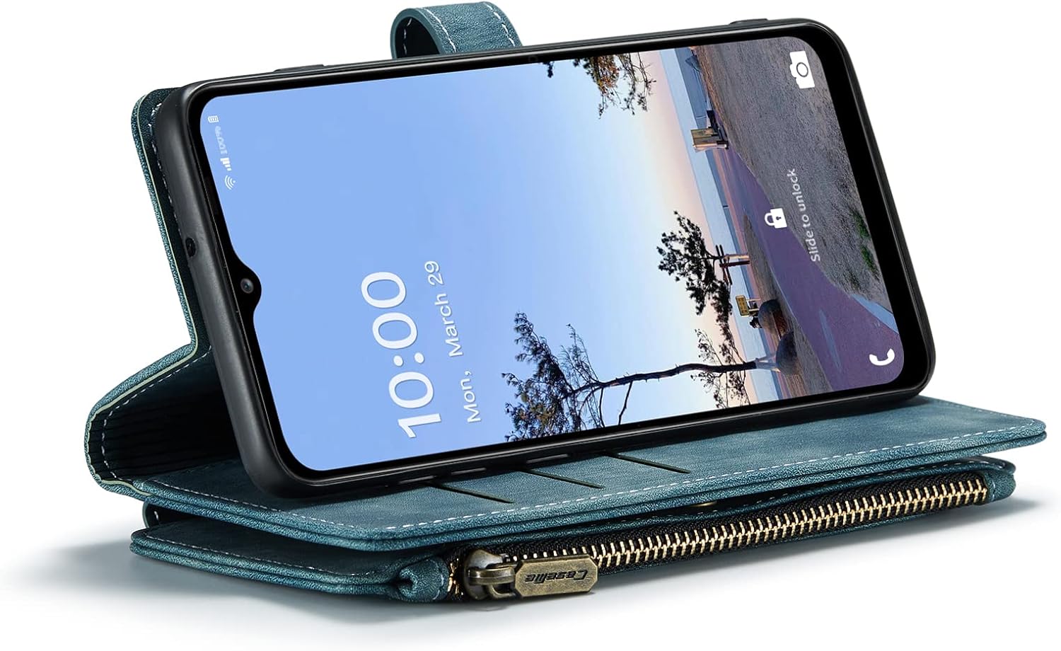 Genuine Leather Holster Cell Phone Case 10 Cards Slot Wallet Zipper Purse RFID Blocking Cover Stand for Samsung Galaxy A13 5G 2022 (A13, Blue)