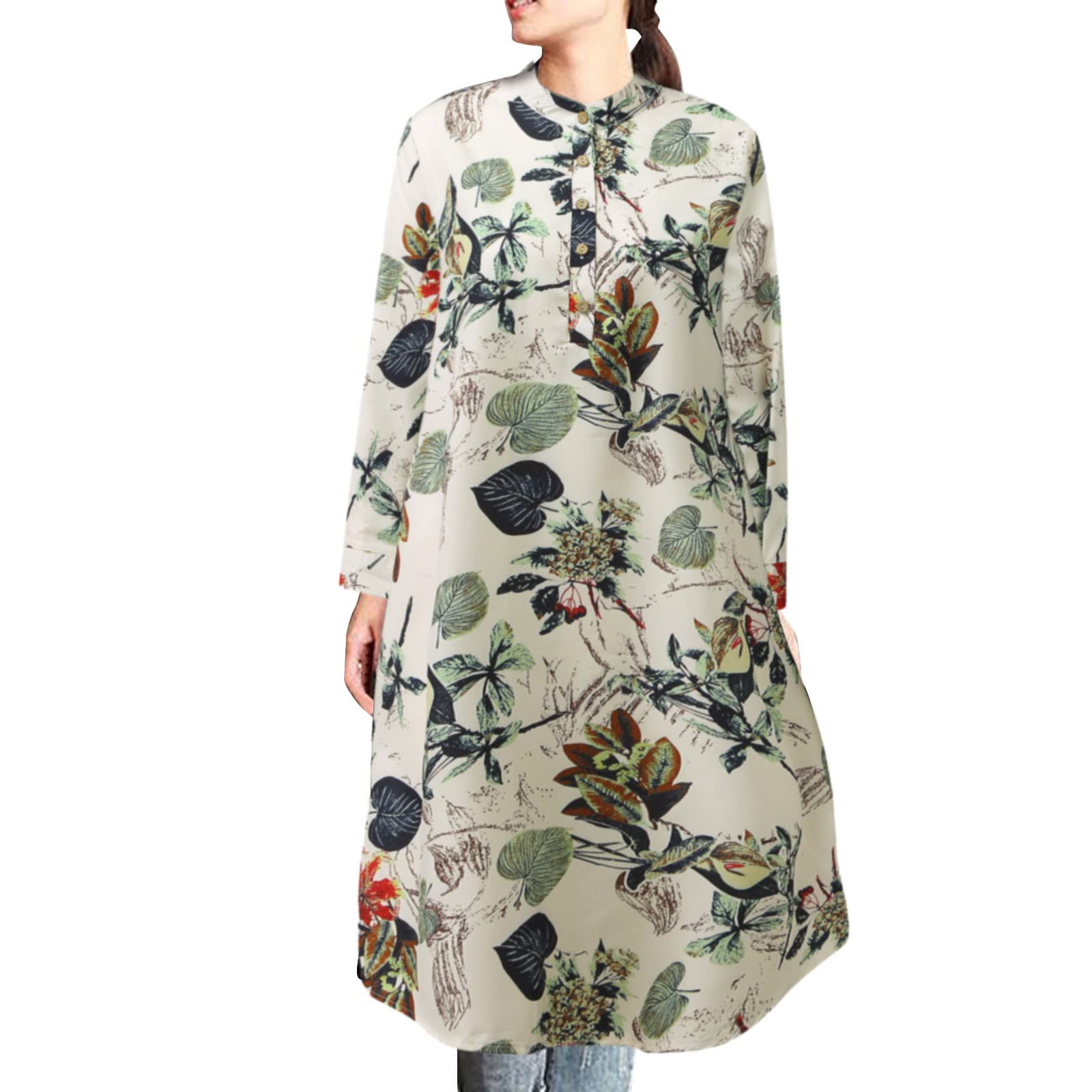 WNVWAPZY Women Tunic Tops Knee Length 3/4 Sleeve Plus Size Summer Casual Floral Button Crewneck T-Shirt Loose Swing Dresses