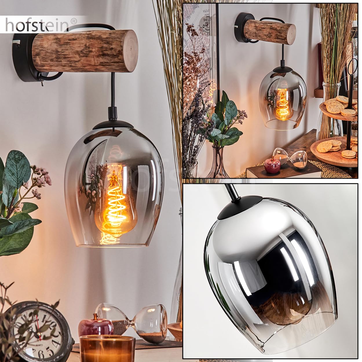 Wandleuchte Vevino, Wandlampe aus Metall/Holz/Glas in Schwarz/Natur/Chrom/Rauch/Klar, Leuchte im Retro/Vintage-Design, Schirm aus Glas (Ø 15cm) u. An/-Auschalter am Gehäuse, 1x E27, ohne Leuchtmittel