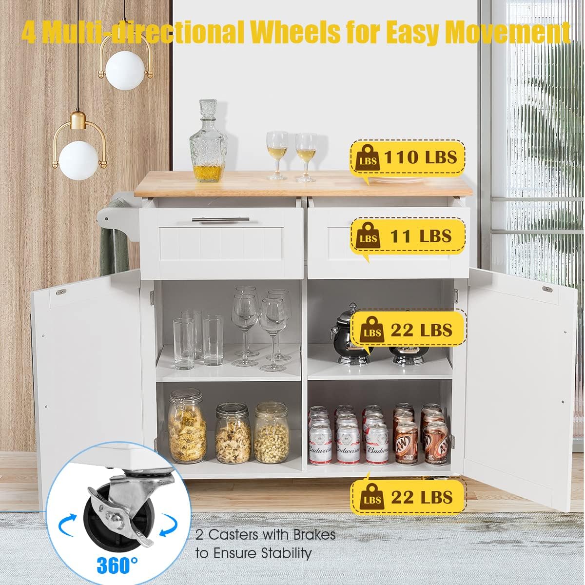 Harmony-Furniture Kitchen Island on Wheels with Storage Drawers & Cabinets, Lockable Serving Trolley, Rolling Mobile Kitchen Cart w/Wooden Butcher Block Top, Towel Rack & Adjustable Shelves (White)