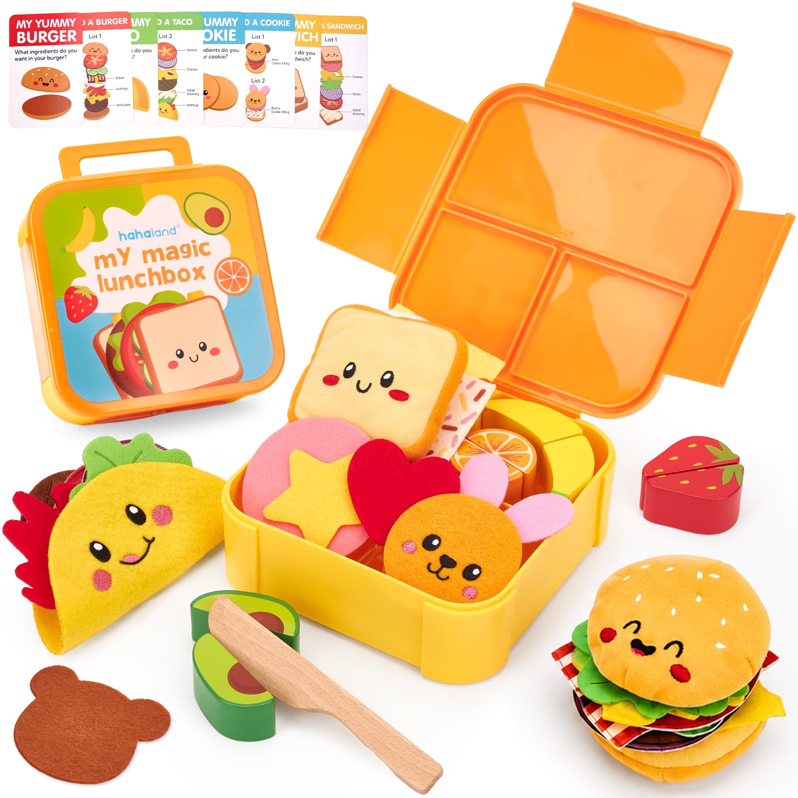 hahaland Cucina Giocattolo per Bambini, 43 Pcs Set Cucina Bambini 3-5 Anni | Giochi Montessori, con Cibo, Menu & Scatola, Facile da Riporre & Trasportare, Regalo Educativo Bimbo Bimba