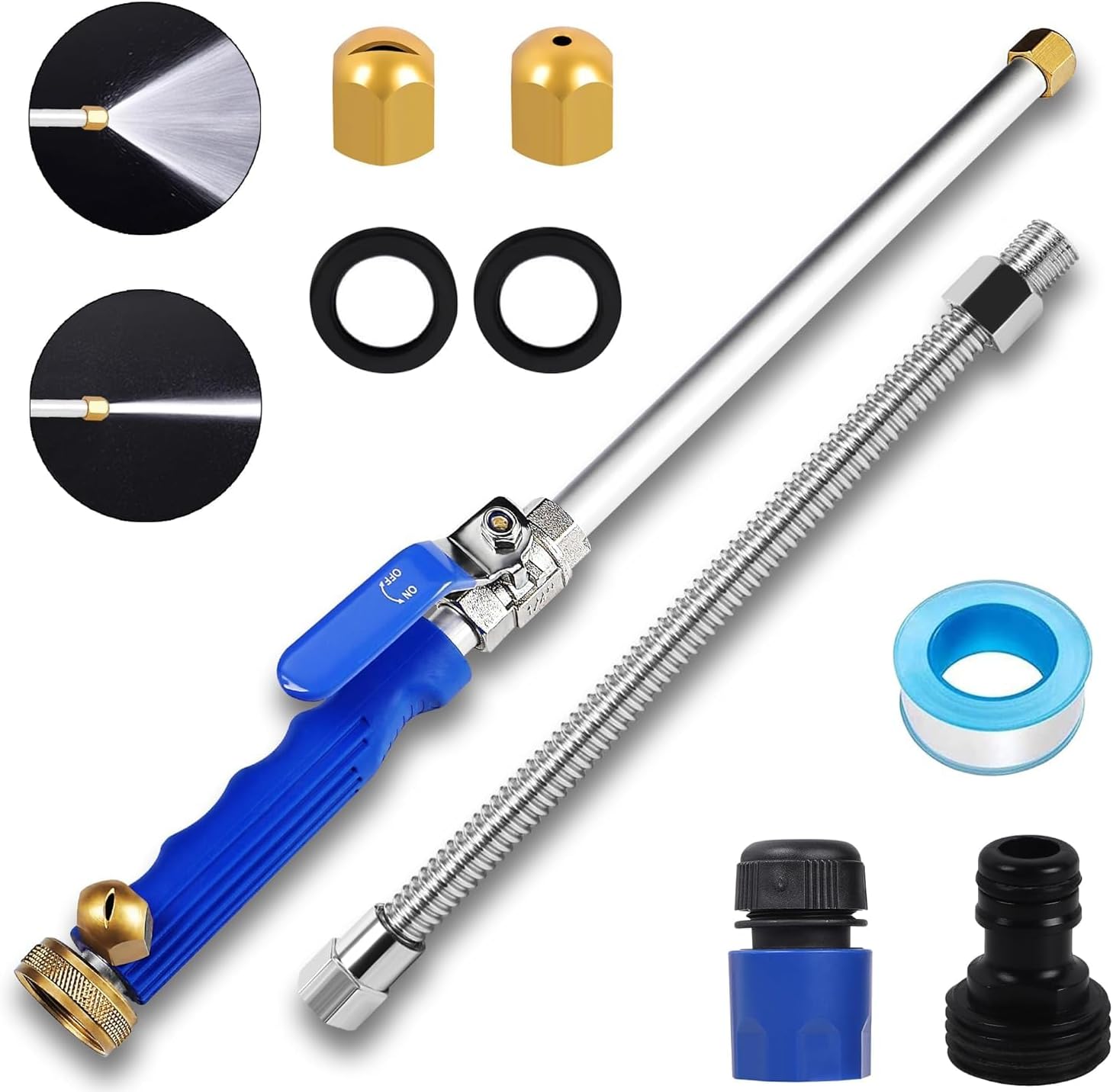 High Pressure Power Washer Wand, Watering Sprayer Cleaning Tool, Upgraded Hydro Jet Water Hose Nozzle with 2 Different Nozzles, Quick Connect FlexibleWand Lance for Gutter Patio Car Pet Window Blue