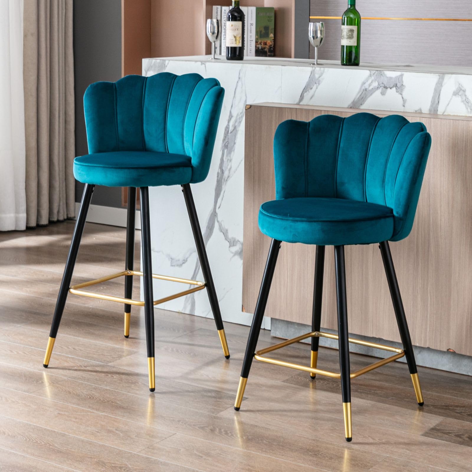 Juego de 2 Taburetes Alto con Cojin y Respaldo Comodo, Taburete de Cocina de Terciopelo con Patas de Metal, Taburete Alto para Bar/Restaurante,Teal