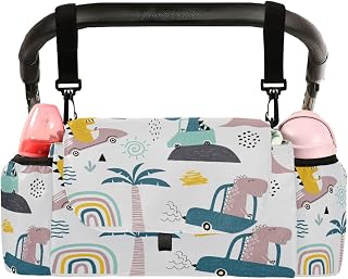 Universal Baby Stroller Organizer Bag Cartoon Dinosaur Driver Car, Stroller Organizers with Insulated Cup Holders Cute Dino Detachable Shoulder Strap Storage Carrying Diaper and Snacks