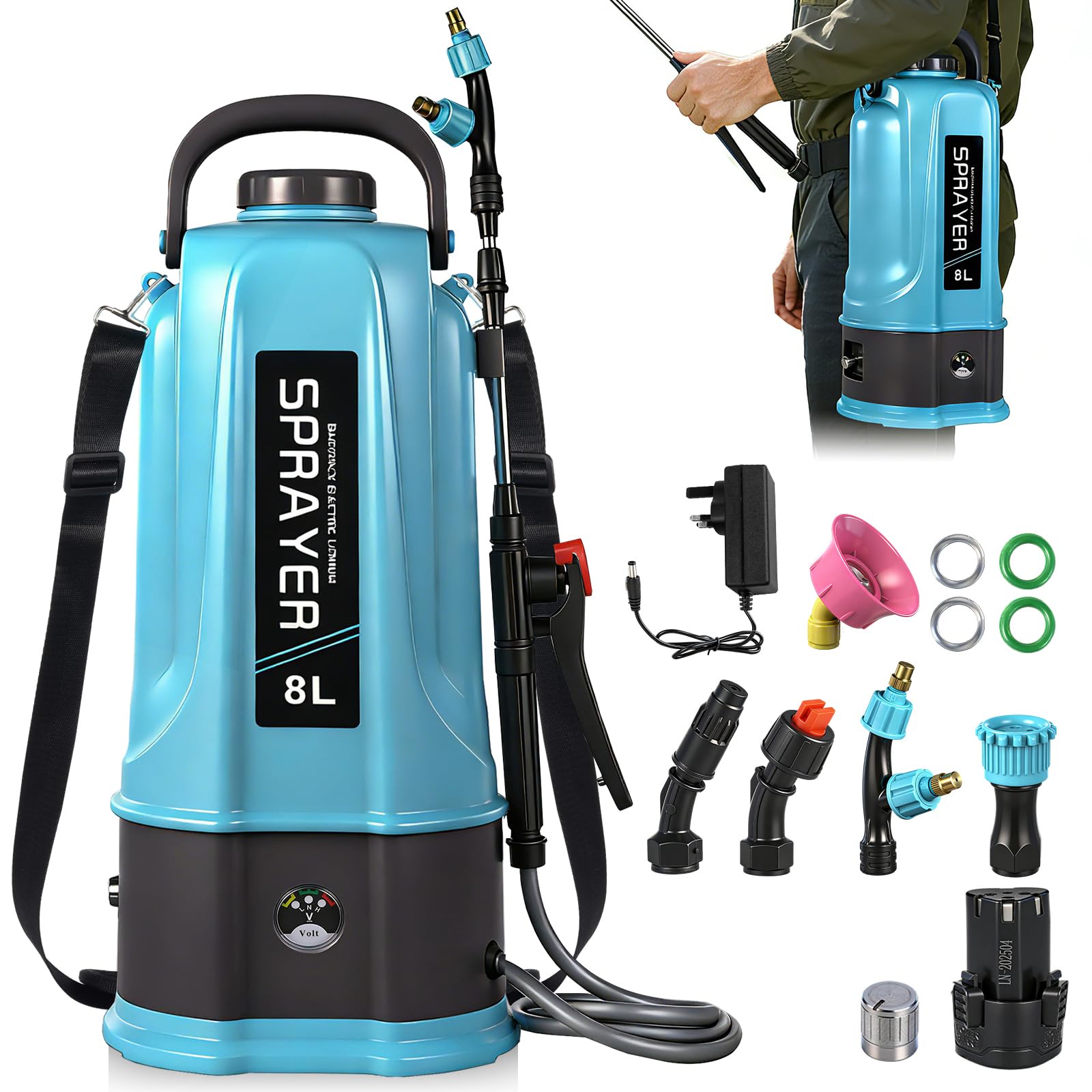 Sararoom Drucksprüher 8 Liter, Gartenspritze & Drucksprühgerät - 21V Akku Pumpsprühflasche | 3.Gang Elektrischer Pflanzensprüher mit 5 Düsen, Rückenspritze Sprühflasche für Garten&Auto,Unkrautspritze