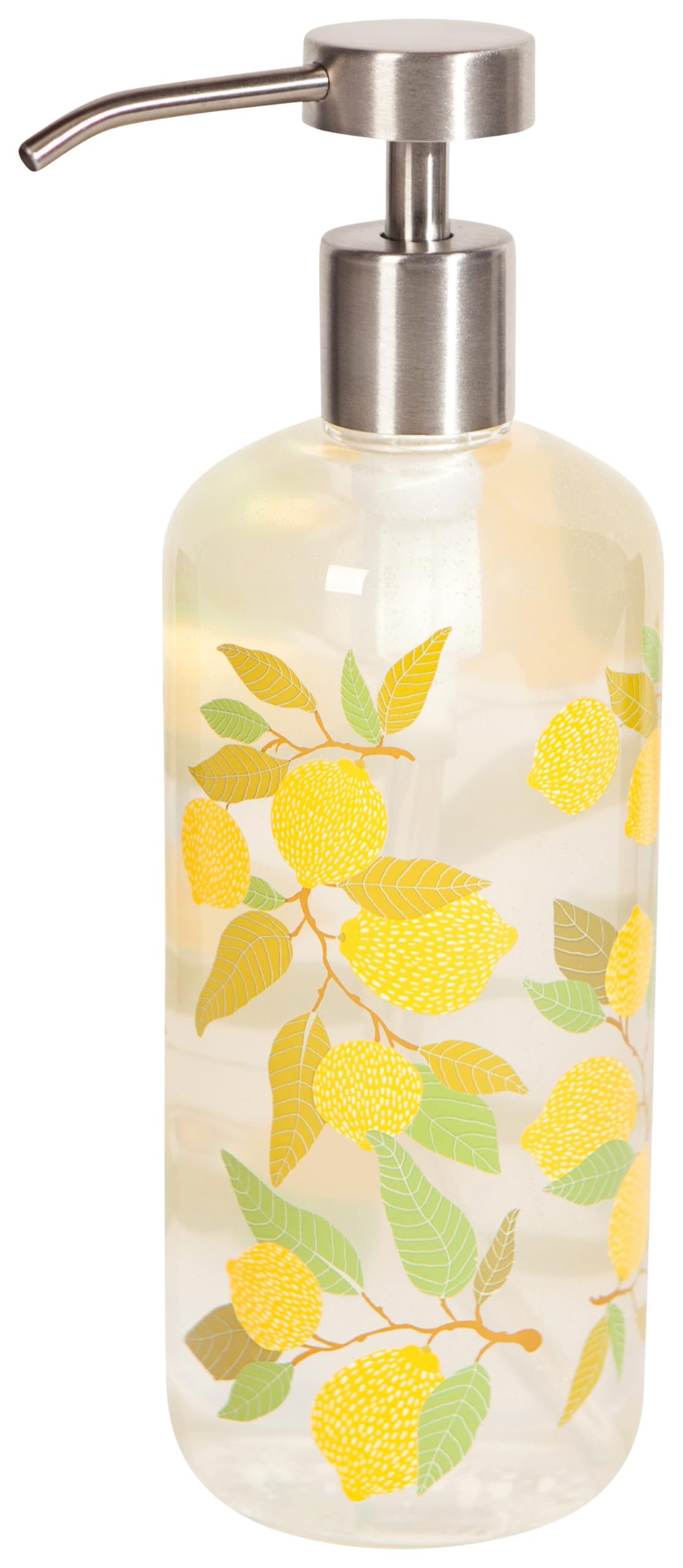 Now Designs Soap Dispenser, Body Borosilicate Glass Pump: 100% Stainless Steel, Lemons, DIA2.75 x H8.5in