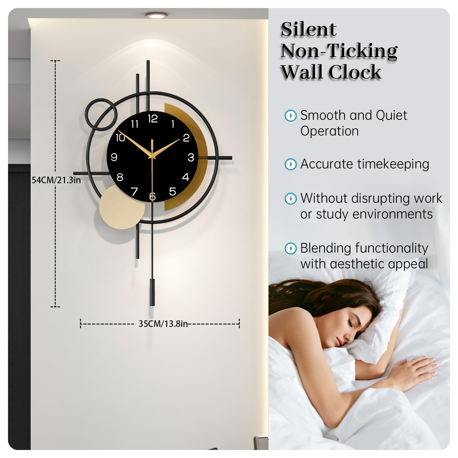 Wall Clock for Living Room Decor Decorative Wall Clock with Pendulum Silent Quartz Battery Operated Black Metal Large Clock for Dining Room,Kitchen,Home,Bathroom,Bedroom,13.8x21.3 in