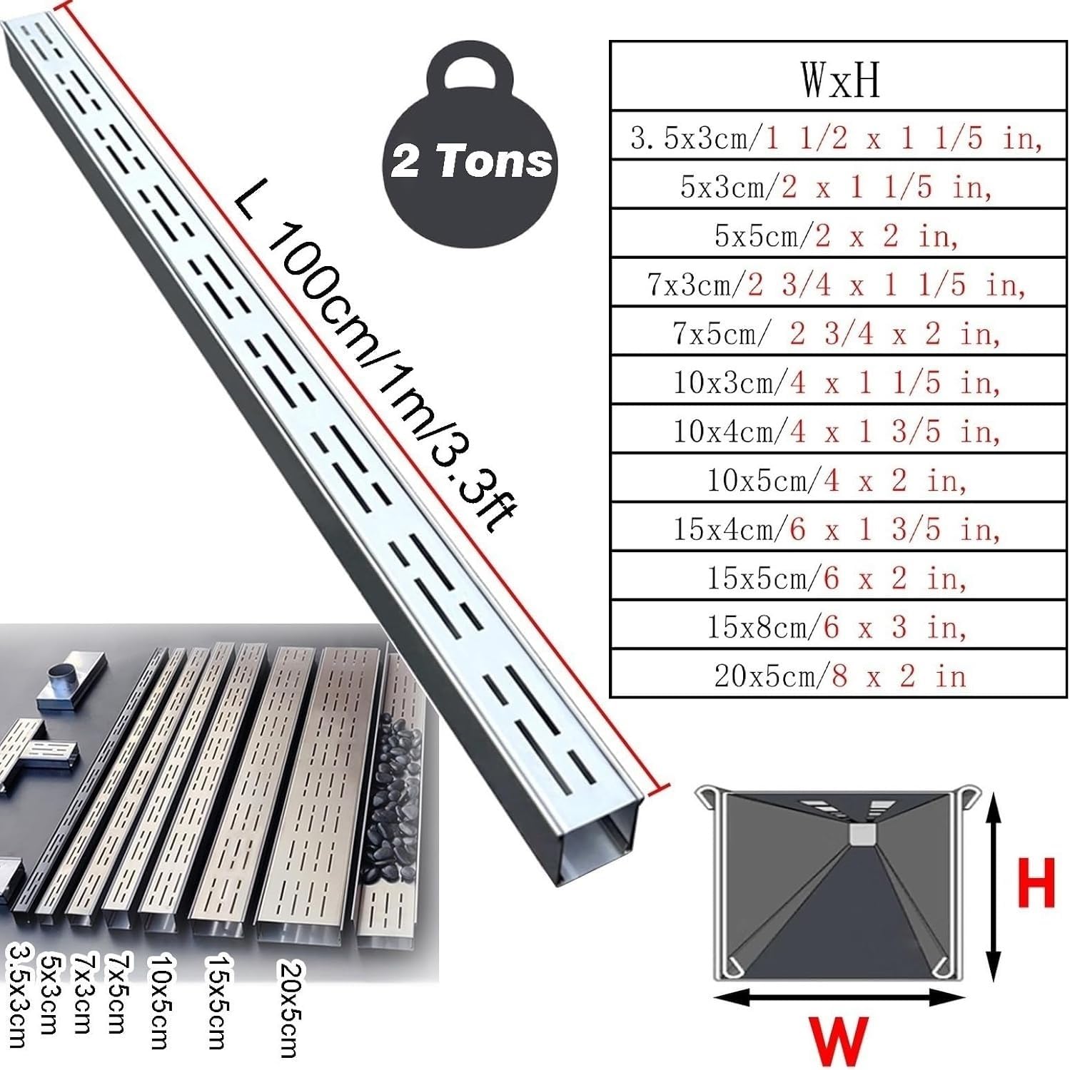 Zestaw kanałów odpływowych na patio, 1 m, liniowy system odpływowy 10 x 4 cm, idealny do użytku na zewnątrz, łatwy montaż