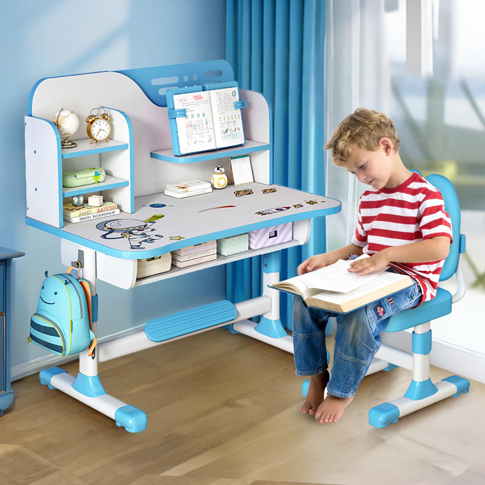 ohfruit Kids Table Chair Sets Multi Functional Desk Set with Drawers and Storage Adjustable Children School Study Table Chair Set with Pattern for Boys Girls Blue Cartoon 2