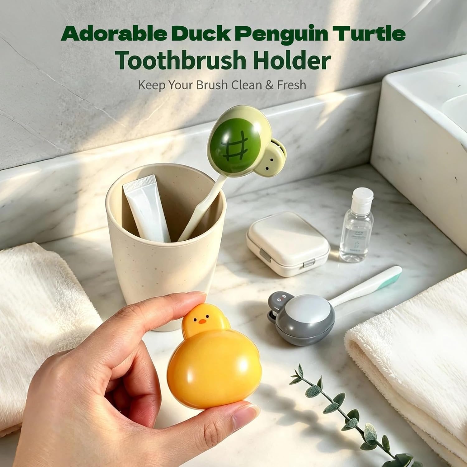 3 Pack Cartoon Animal Toothbrush Covers Clip-On Duck Penguin Turtle Design image 2