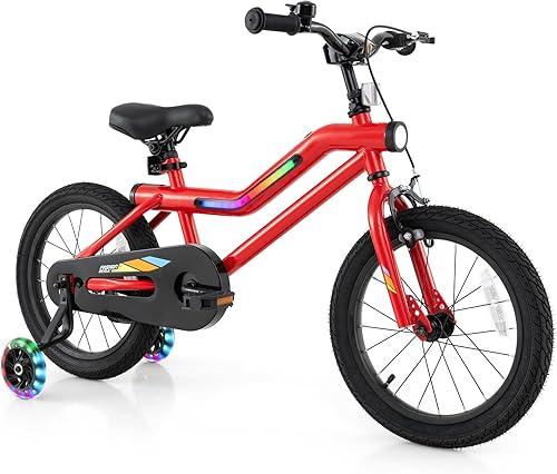 Miniatura 11 de BABY JOY Bicicleta iluminada para niños, bicicleta para niños de 16 y 18 pulgadas con marco iluminado LED de 7 modos, faro, ruedas de entrenamiento