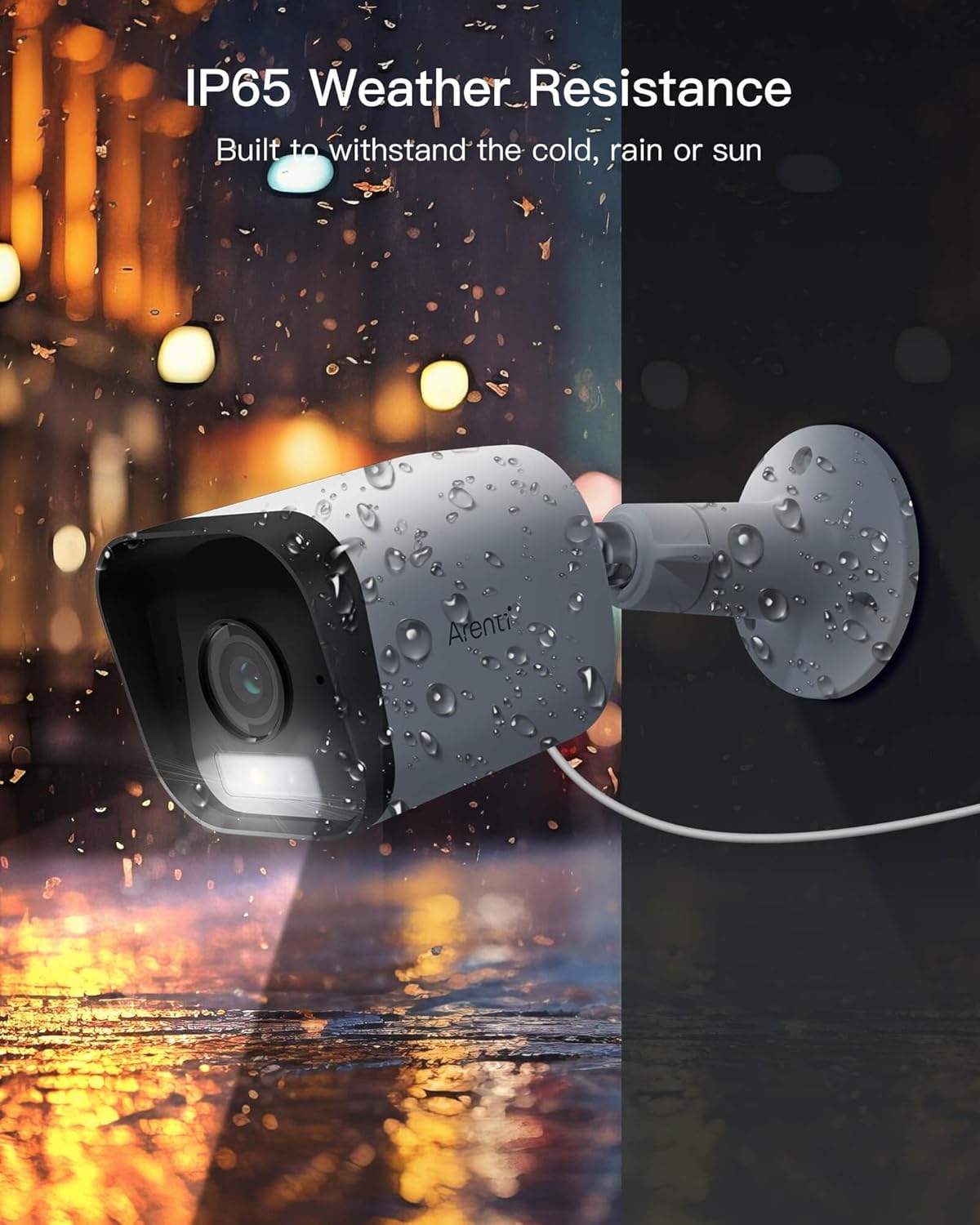 Arenti O3 outdoor camera showing IP65 weather resistance in rain and snow