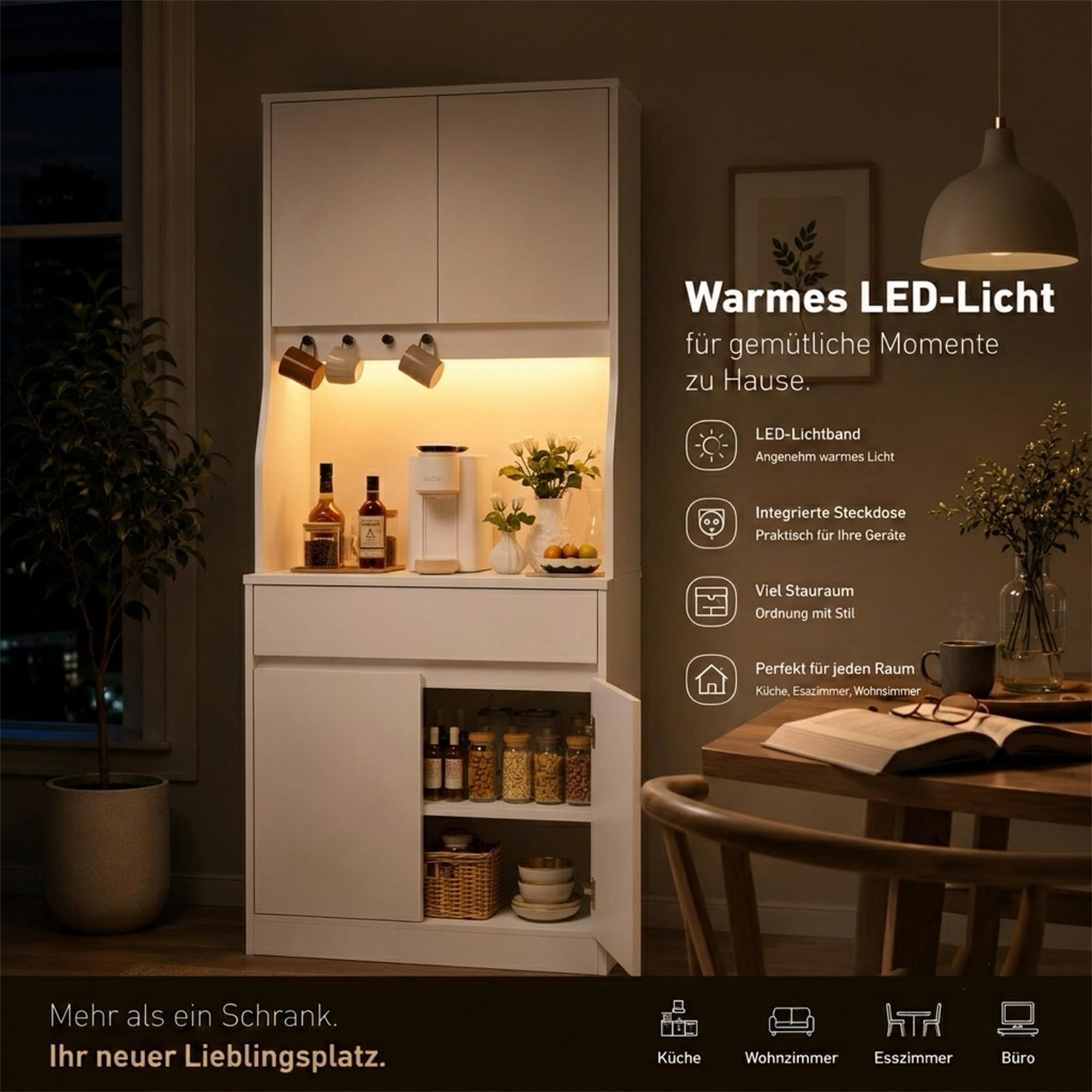 YOUDENOVA Küchenschrank Sideboard mit LED & Steckdose, Weiß | Buffetschrank mit Arbeitsplatte, Schublade, LED, Steckdose und verstellbaren Einlegeböden für vielseitigen Stauraum.