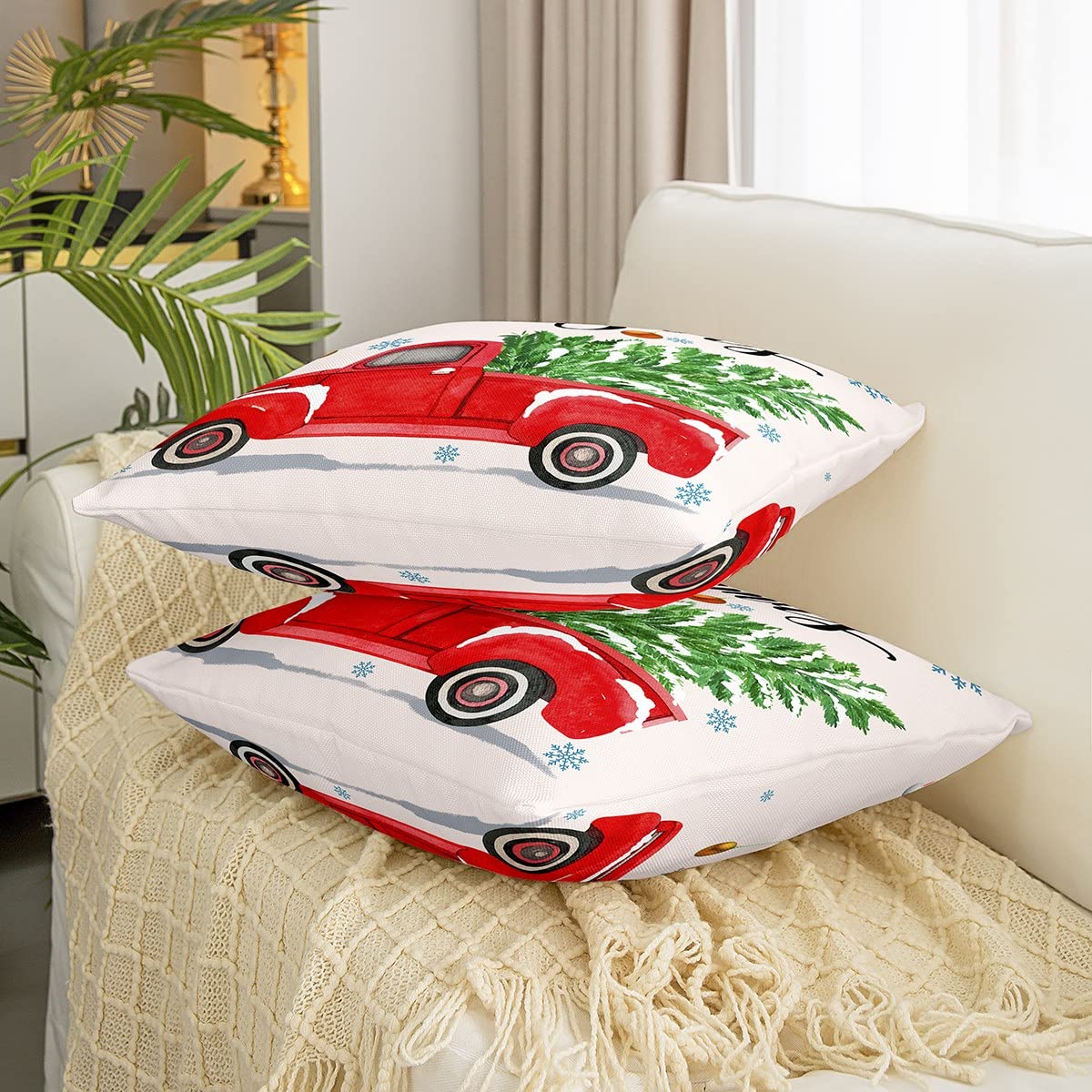 Set di 2 federe natalizie 40,6 x 40,6 cm, in lino rosso, decorative, con bufalo colorato, alberi di Natale, per inverno, fattoria, vacanze