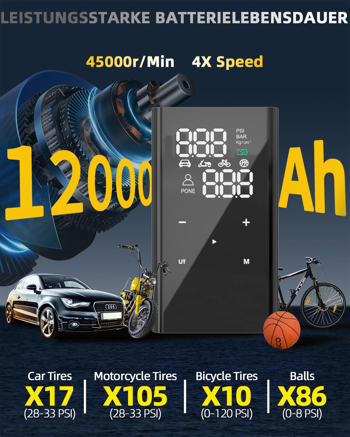 12000mAh Akku Luftpumpe Auto, 4X Schneller Mini Kompressor, 150PSI Fahrradpumpe Alle Ventile, Elektrische Luftpumpe Klein Mit Manometer/Lampe/Typ C, Für Motorrad/Fahrrad/Fußball