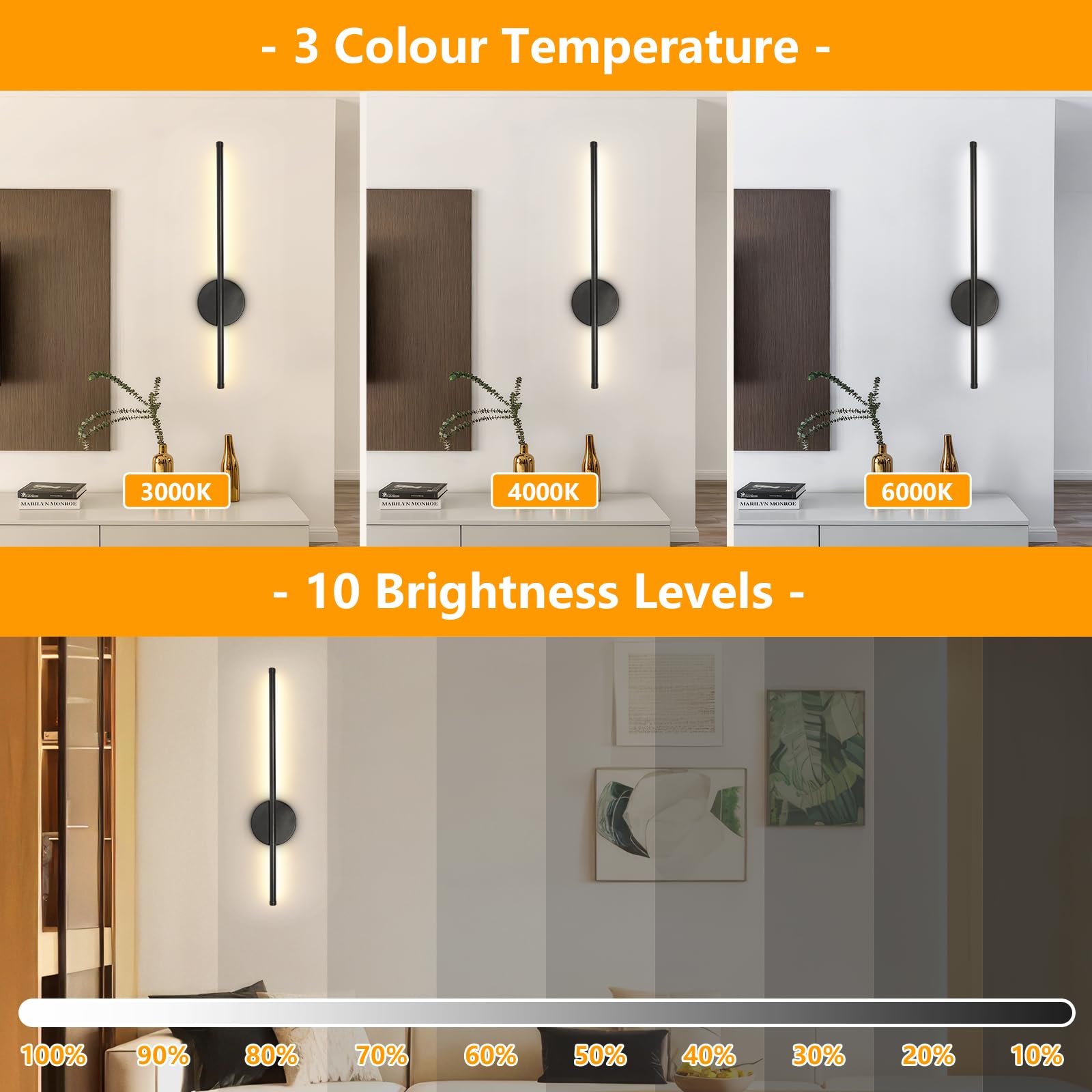 LED Akku Wandleuchte Schwarz 60CM Dimmbar 3 Farbtemperatur mit Fernbedienung, Zwei Packungen