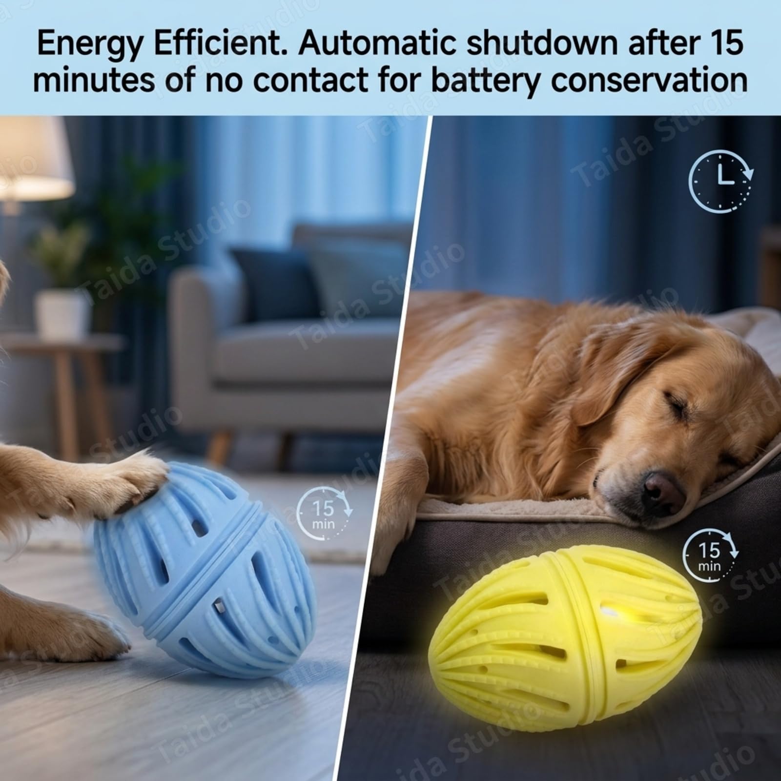 Balle de dentition automatique en TPE pour chien avec activation par le | Capteur intelligent ; crêtes de nettoyage dentaire ; construction durable sans danger pour les morsures ; convient aux races