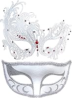 Vista 43 de IETANG - Antifaces venecianos para parejas, baile de máscaras, accesorios de disfraz o fiesta, 1 par Negro