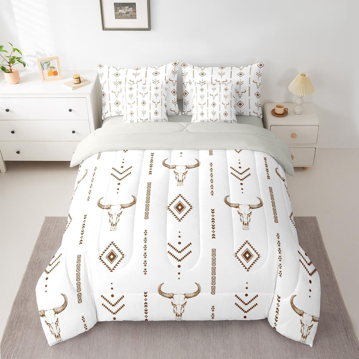 Boho Comforter Set Western Aztec Bedding Sets Queen Bull Skull Bed In A Bag 7 Pieces,White Brown Exotic Ethnic Horns Sheet Set With Comforter for Adults Women Men Bohemian Geometric Fitted Sheet