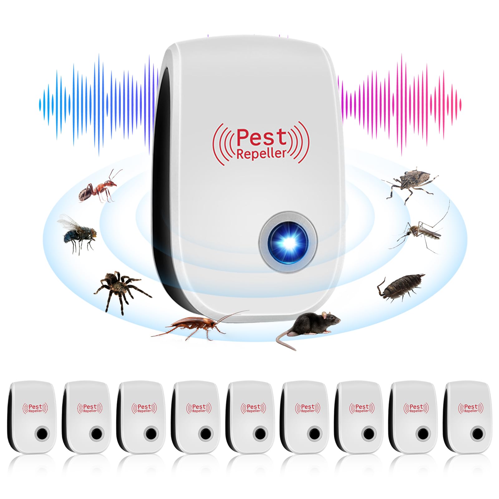 10 Pack Repellente ad Ultrasuoni per Topi,Antizanzare Repellente Ultrasuoni Professionale,Efficace Contro le Formiche/Mosche/Insetti/Scarafaggi/Topi/Zanzare/Ragni,Human & Pet Friendly