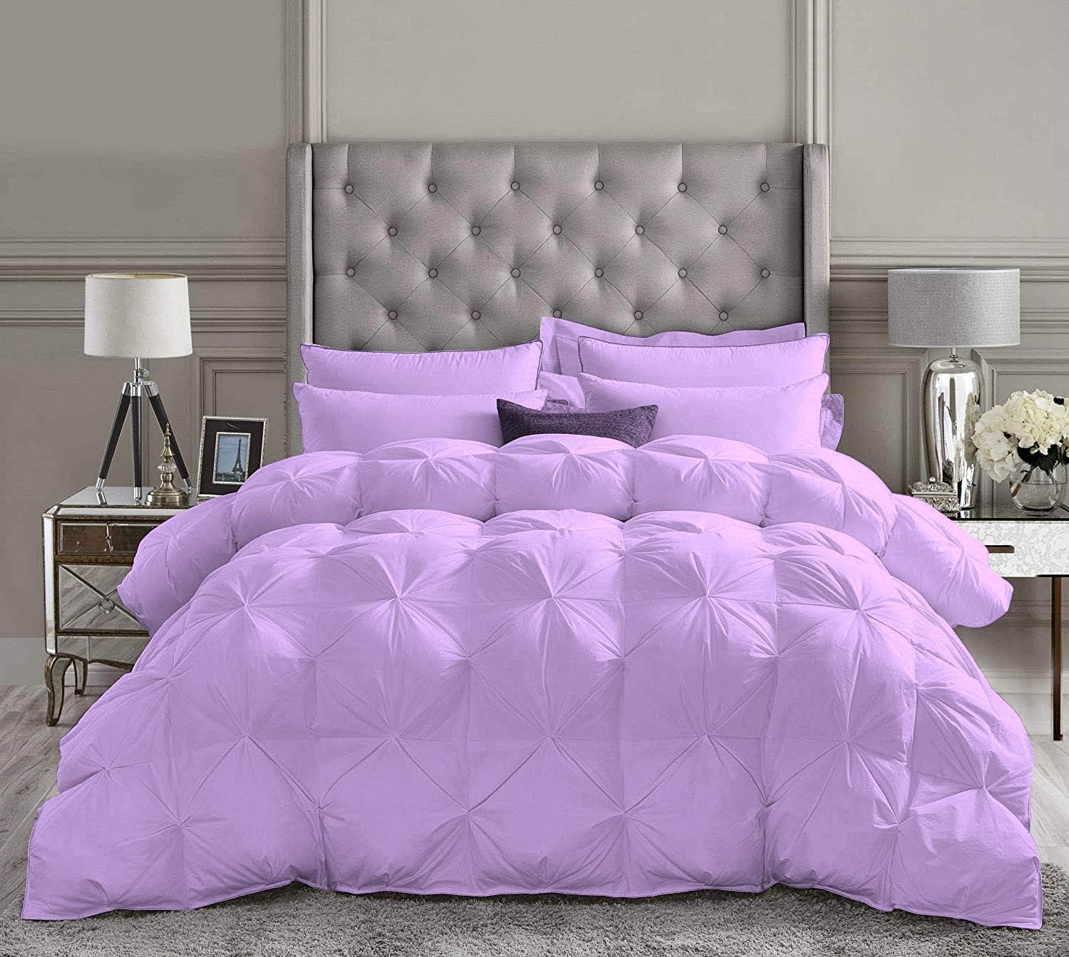 3 Piece Pinch Pleated Comforter Set (1 Comforter, 2 Pillow Shams) Premium 1000 Thread Count 500 GSM 100% Egyptian Cotton Super Soft, Size - Full/Queen, Color - Lilac