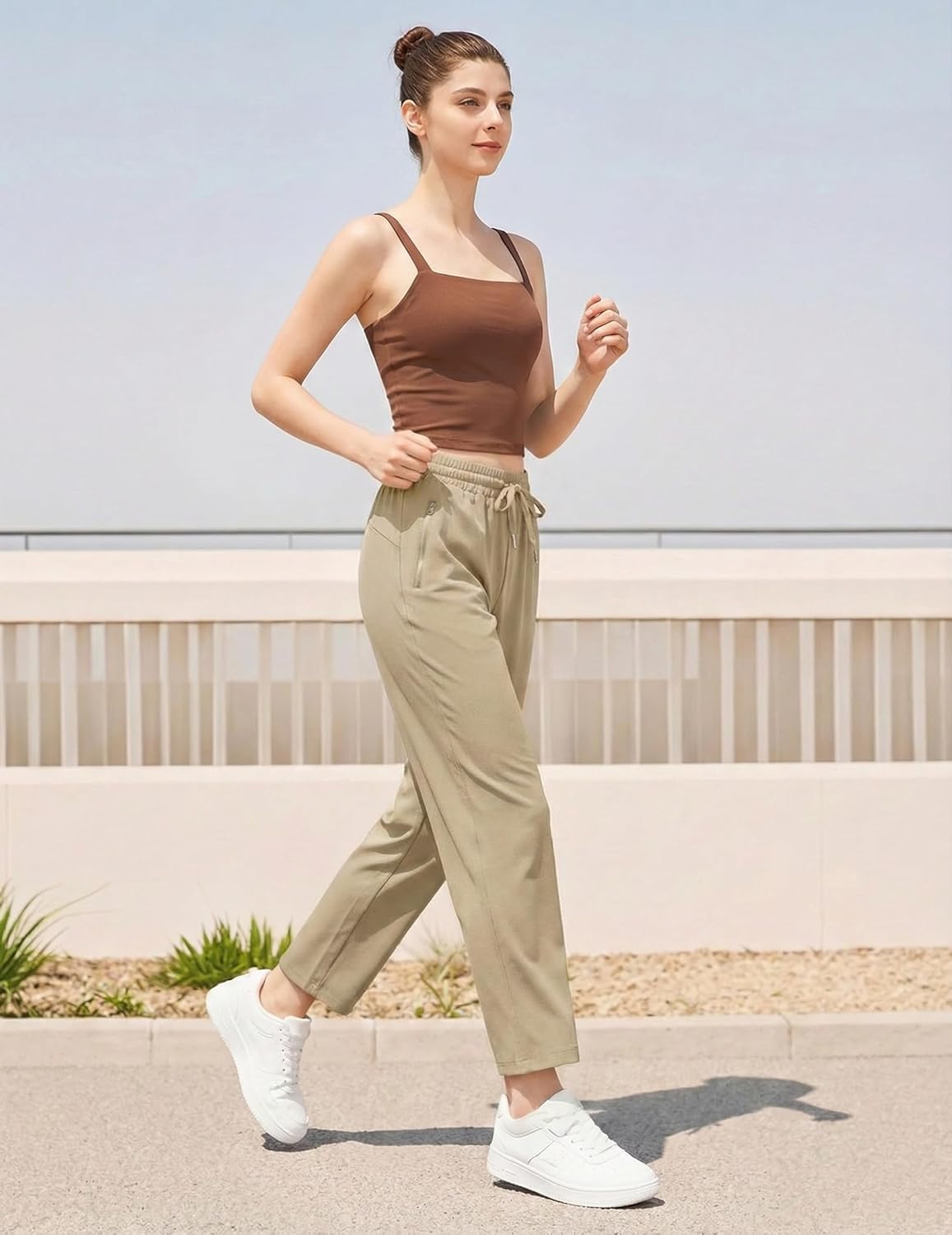 Women's Pants with Drawstring Elastic Zipper Pockets, Cream Cozy Casual Pants, High Waist Hiking Capri Jogger - Image 3