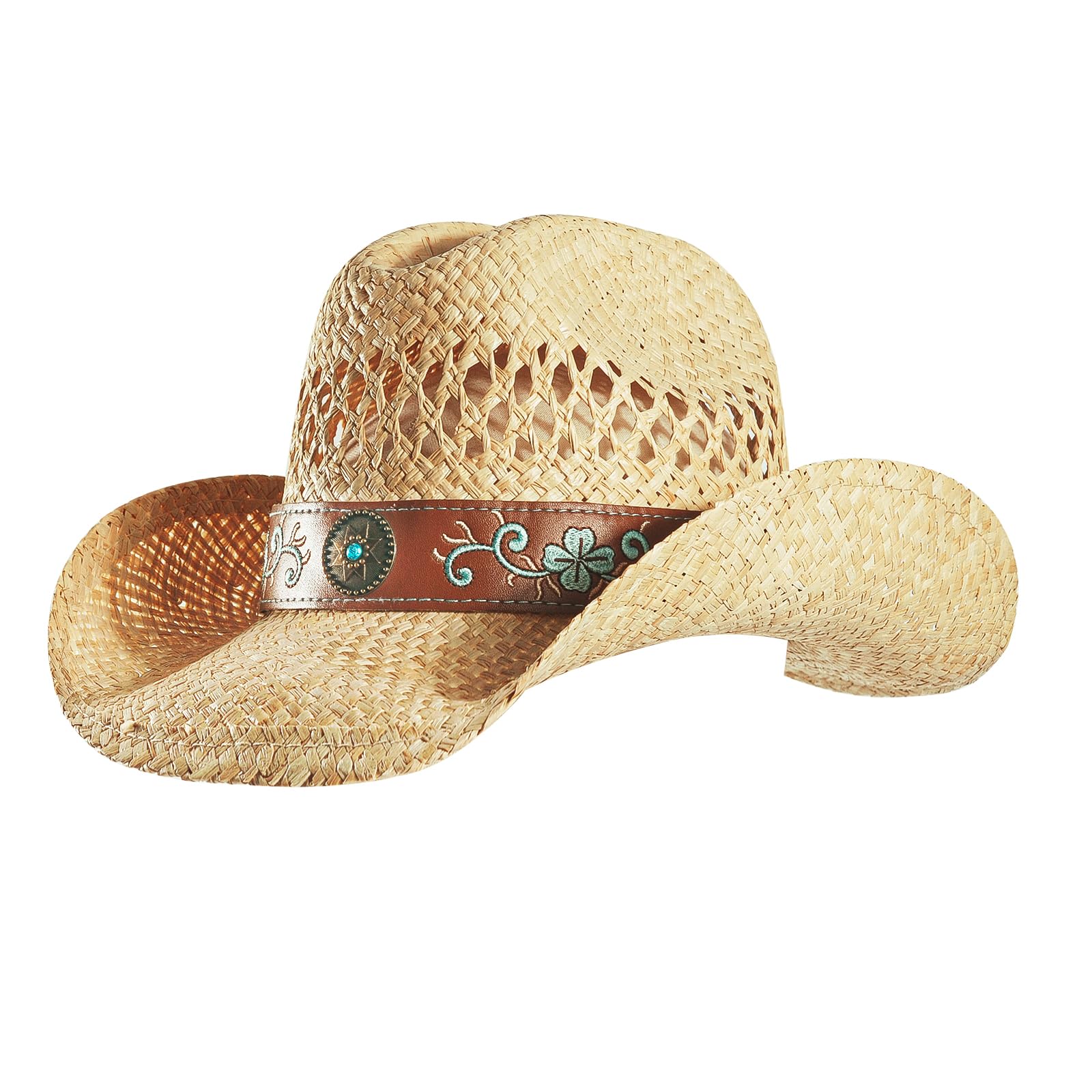 Straw Cowboy Cowgirl Hats for Women Men Summer Beach Sun Hat Panama Woven Straw Hat Wide Brim Western Cowboy Hat, Medium, Natural - Embroidered Belt