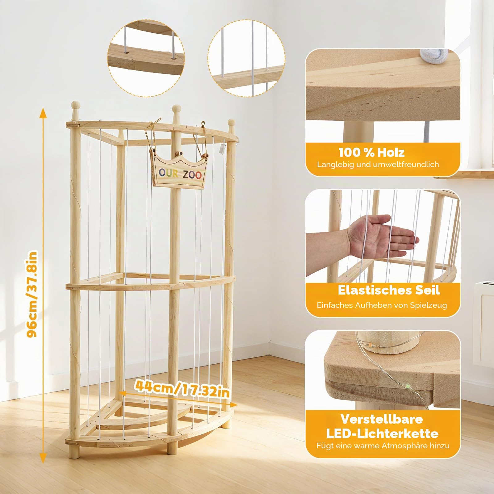 Ecke Holz Kuscheltier Aufbewahrung, FSC Robuste Stofftier mit Lichterkette, Stofftier Aufbewahrung für Spielzimmer Kinderzimmer Schlafzimmer Wohnzimmer 96 * 44cm