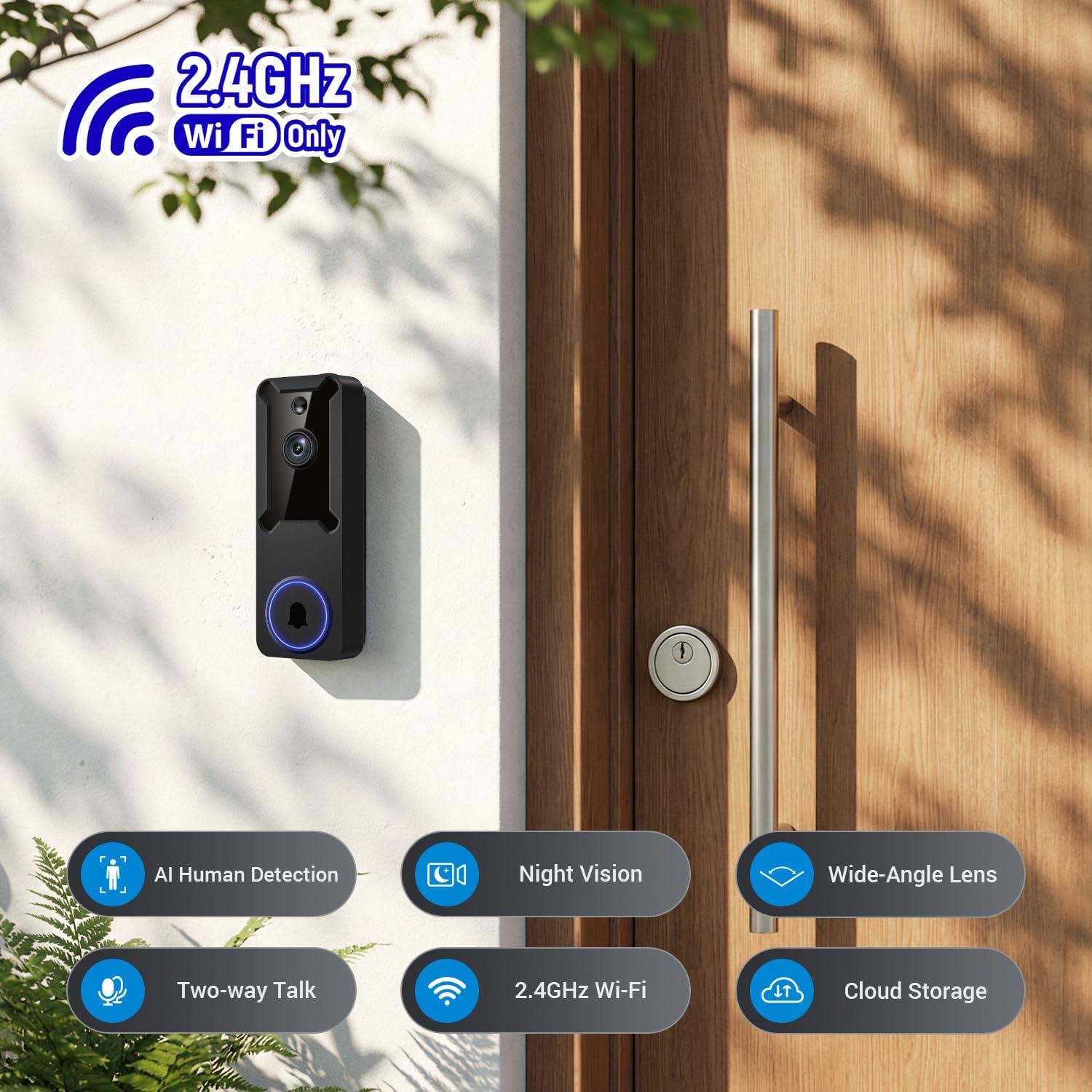 Wireless Wi-Fi Surveillance Cameras, Doorbell Camera with Two Way Audio, AI Human Detection, 2-Way Talk,Night Vision and Cloud Storage, 2.4G Wi-Fi Only