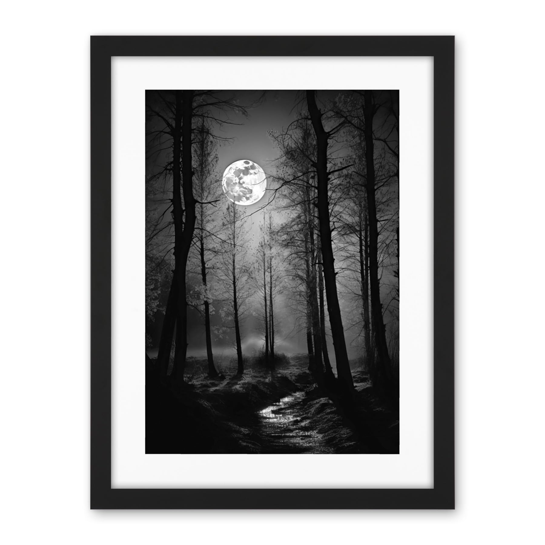 Artery8 Full Moon Over Misty Forest Black and White Photo Artwork Framed Wall Art Print 18X24 Inch