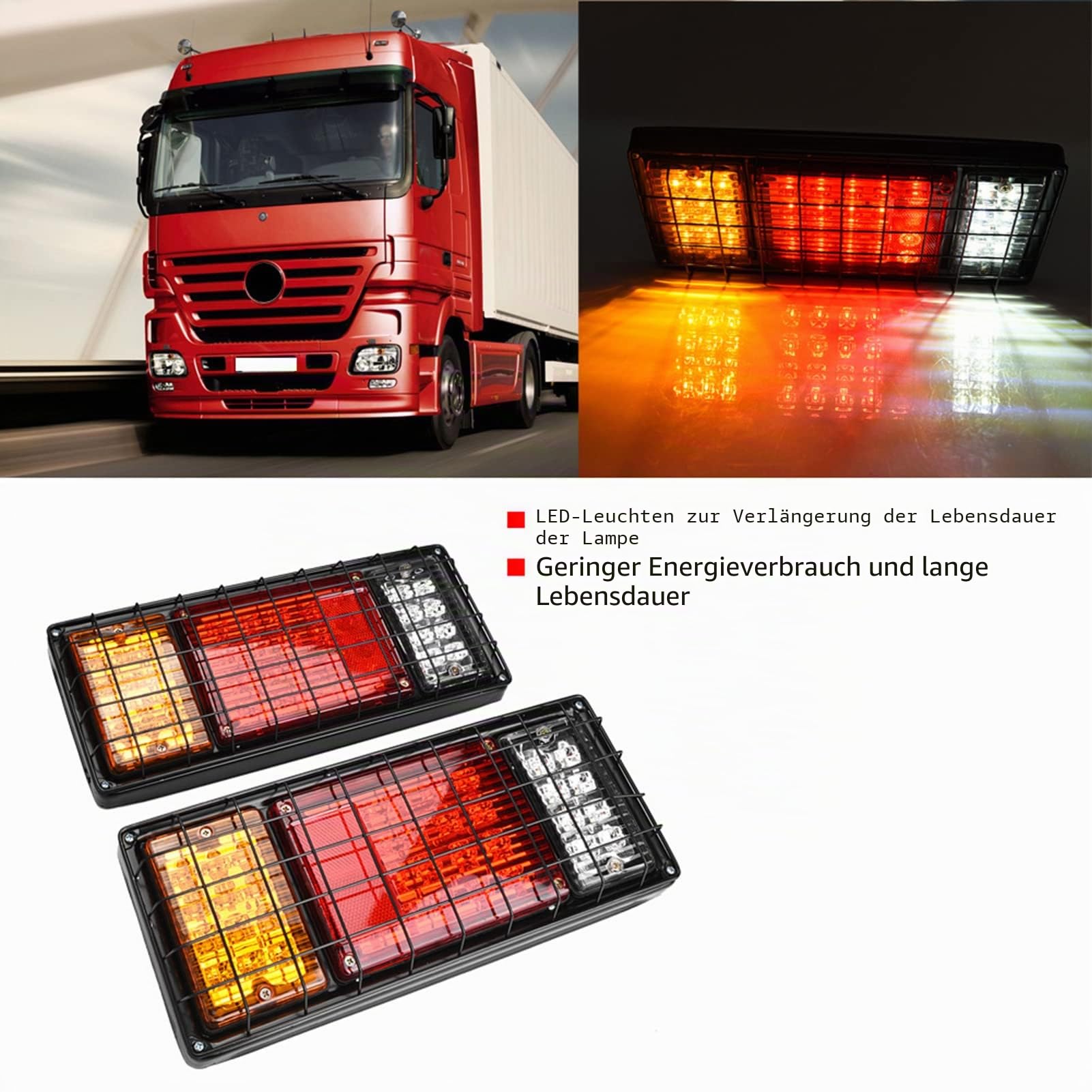 2 Stück LED LKW-Anhänger-Rückleuchten-Bar Kit 40 LED Wasserdicht Blinker Bremslicht Laufen Rückfahrlicht mit Eisen-Netz-Schutz 5 Drähte 10-30 V für LKW, Boot, Anhänger