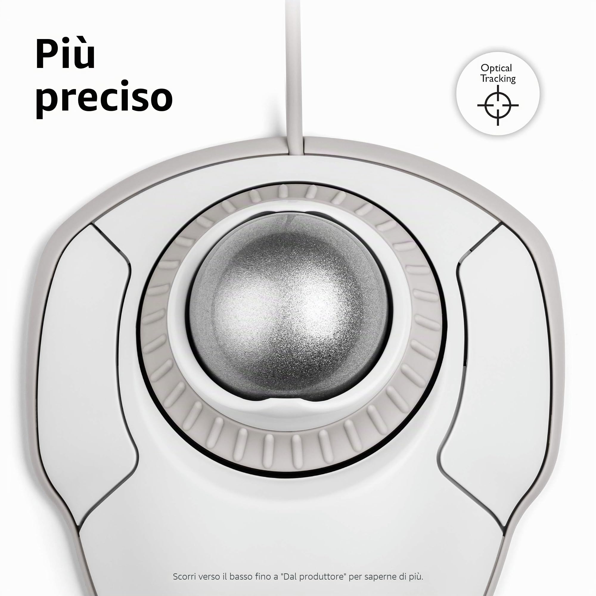 Kensington Mouse Trackball Orbit con cavo per PC, Mac e Windows, Rotella di Scorrimento, Design Ambidestro, Tracciamento Ottico, sfera da 40 mm, Bianco/Argento (K72500WW)