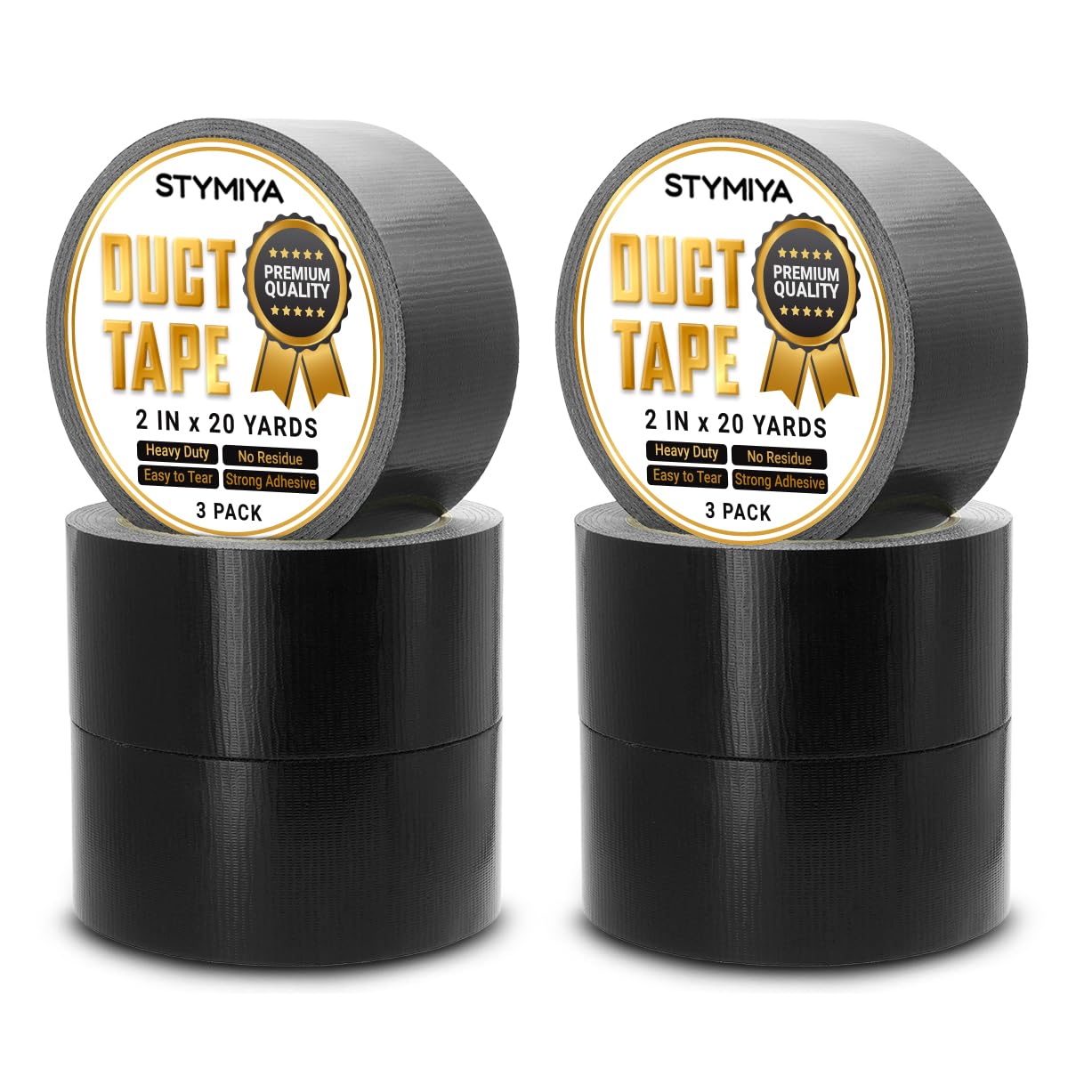 Stymiya Black Duct Tape Heavy Duty: 6 Rolls 2inch x 20yd Wide Waterproof Outdoor - Strong Adhesive Weather Tapes Repair Bulk - Ductape for Patterns Masking Packing Furniture Kids Craft (6, Black)