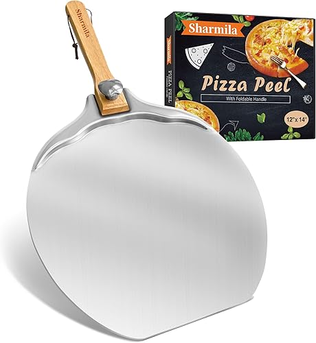 Miniatura 7 de Sharmila Pala de pizza de 12 pulgadas, pala de aluminio para pizza con mango de madera plegable, cortador de pizza y espátula de pizza de metal,
