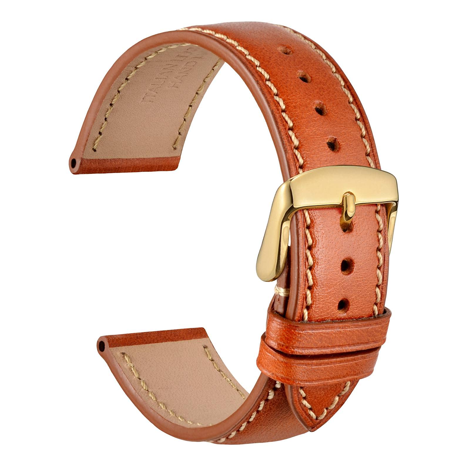 Watch Band 18mm 20mm 22mm Sports Style Full Grain Leather Strap - Choose Color & Width Band Width: 20mm Gold Brown/Gold Buckle