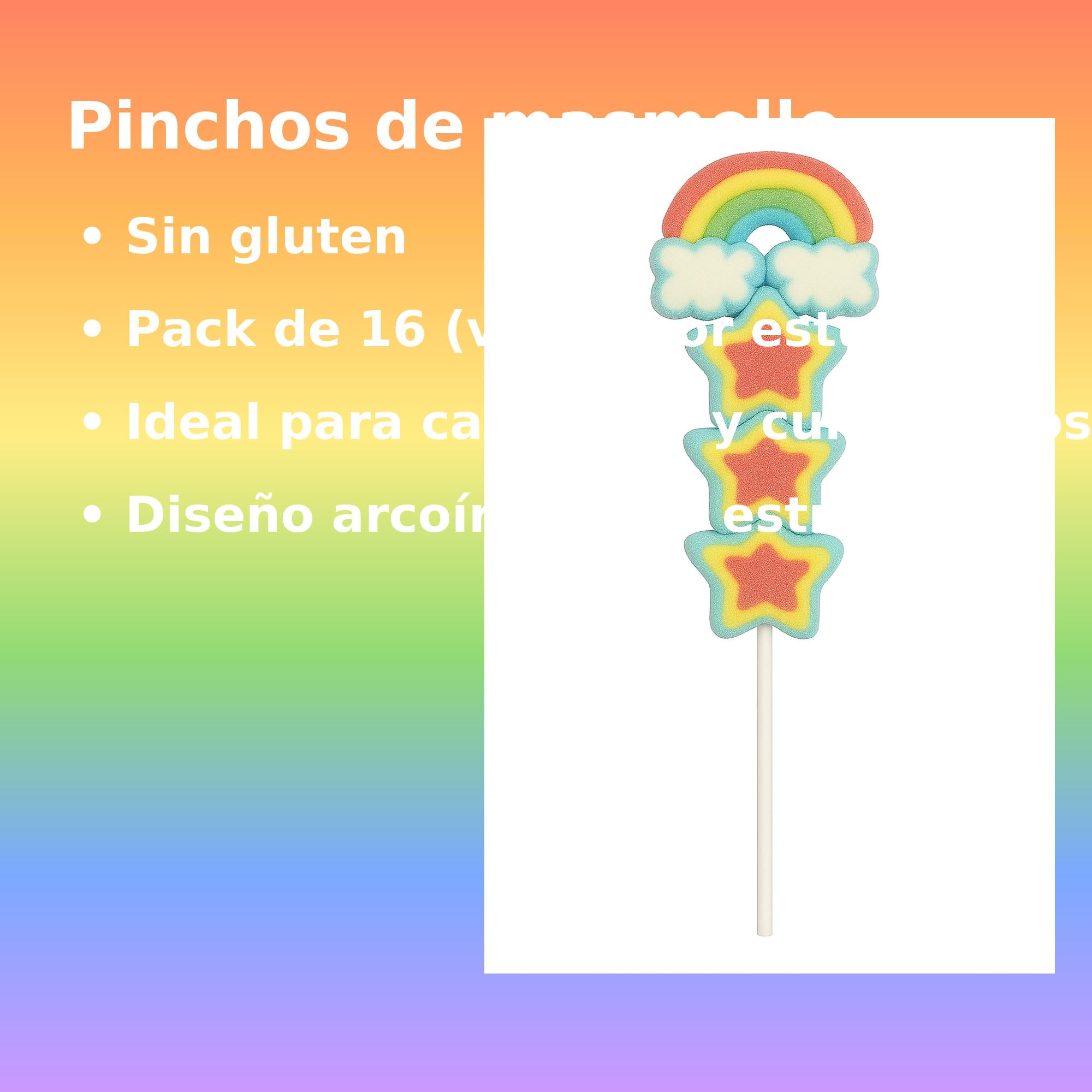 Primera Comunión Pinchos Estrellas con ArcoírisSabor Fresa, Sin Gluten, 16 Piruletas, 720 gr, Chuches para Mi Primera Comunión