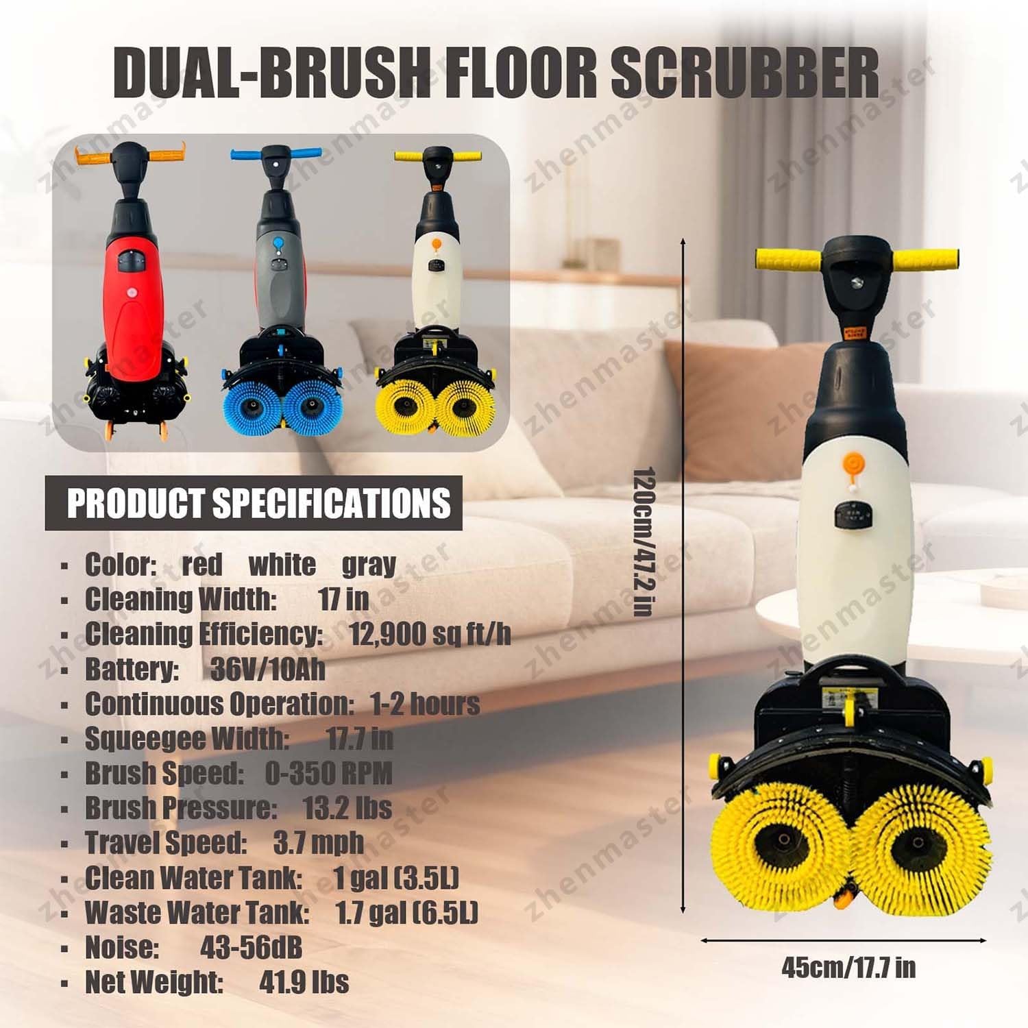 Multi-Functional Floor Scrubber and Polisher Machine, 17-Inch Electric 3-in-1 Washer Dryer, High-Speed 350 RPM Cleaning for Tile, Grout, and Wood Floors in Commercial or Home Set-tings(Gray)