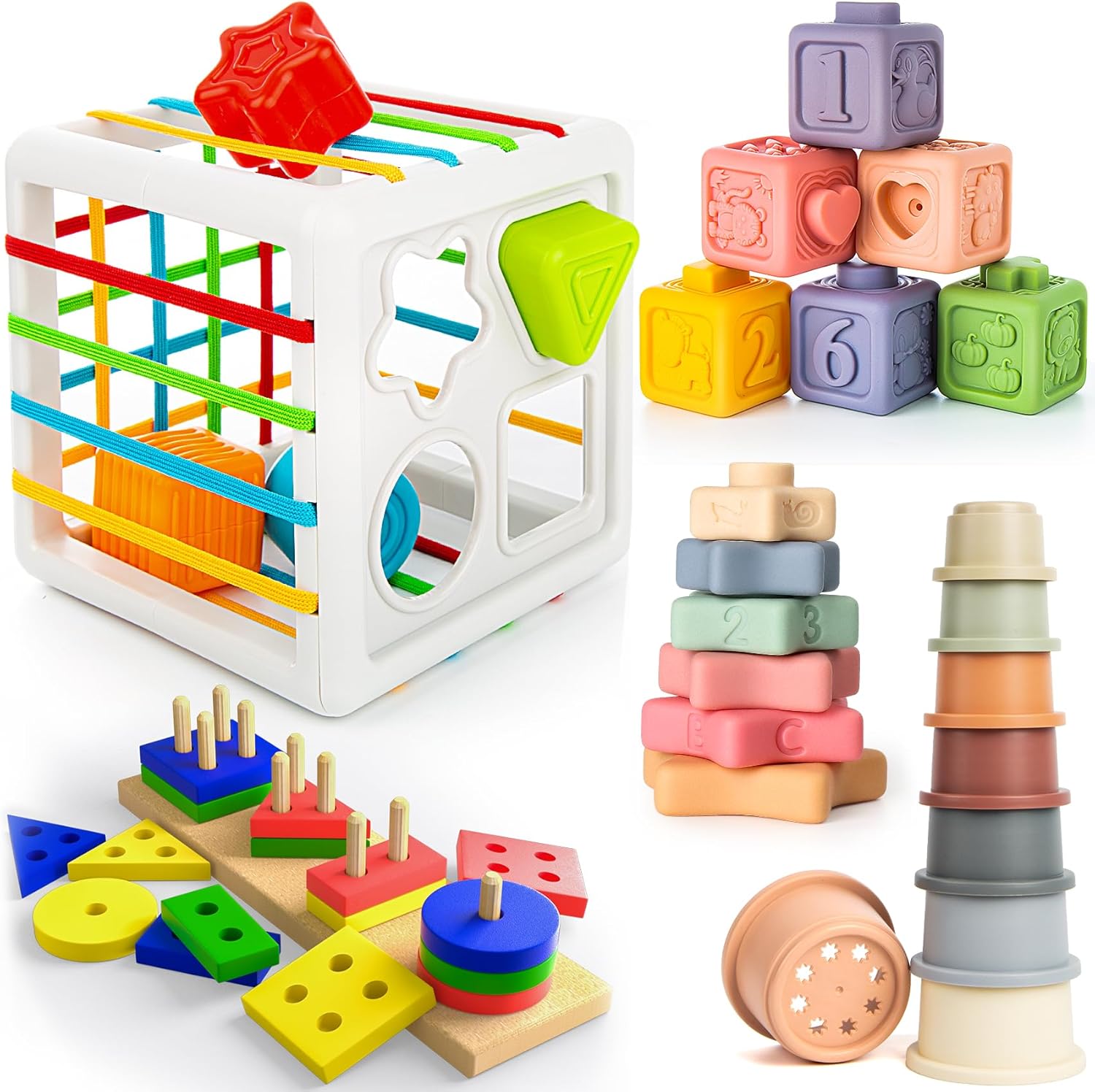 5 in 1 Montessori Toys for Toddlers 1-3, 42 PCS Soft Kids Infant Sensory Teething Baby Toy for 6-12 Months, Educational Learning Color & Shape Sorting and Stacking Cups/Stars/Cube/Bin/Wooden