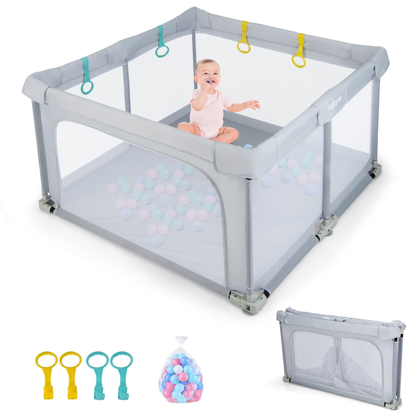 DREAMADE Laufstall Baby, 126 x 126 cm Laufgitter Klappbar mit 50 Spielbällen & 4 Zugringen, Schutzgitter mit Atmungsaktivem Netz & Reißverschluss (Hellgrau)