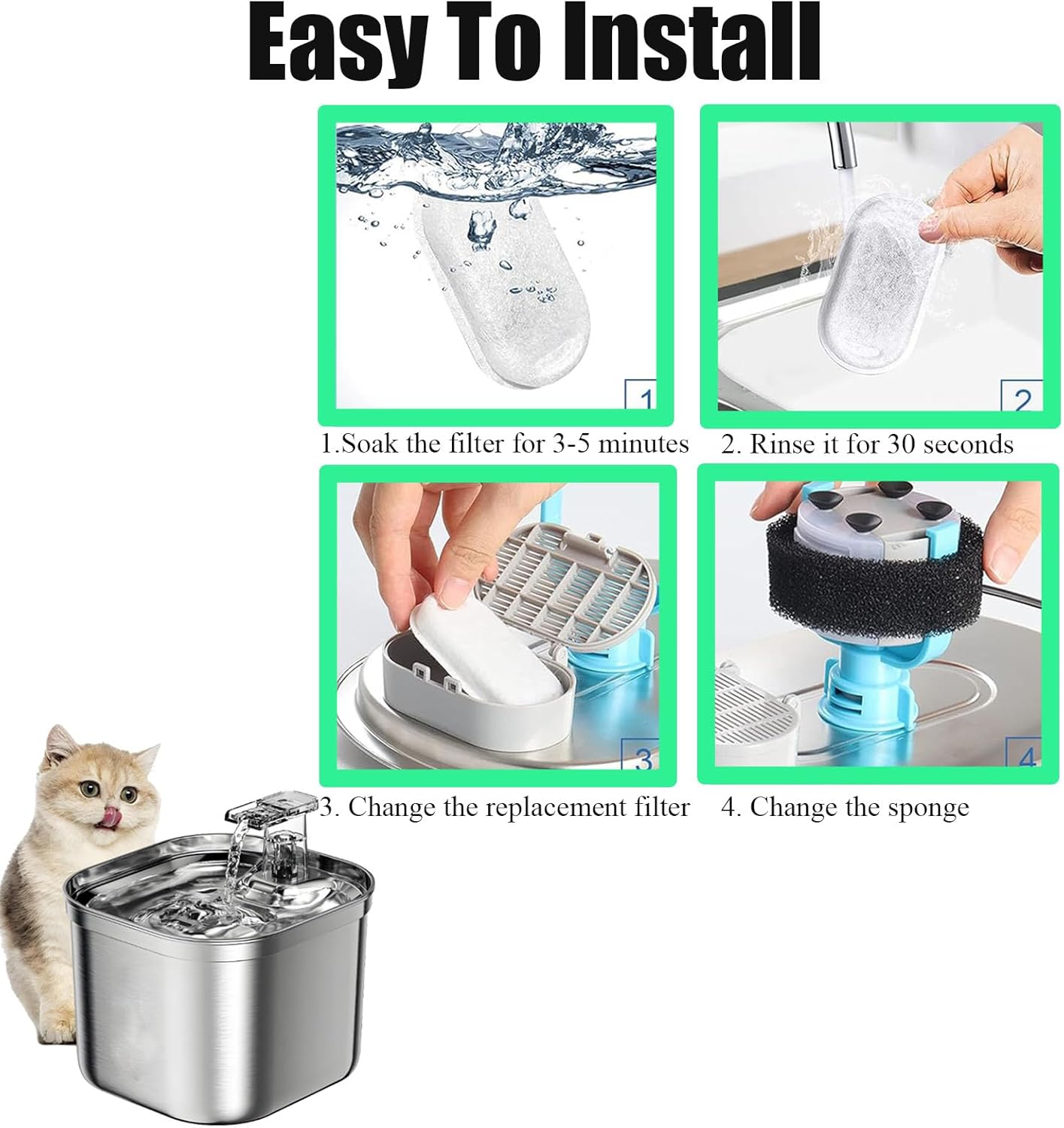 TuTuYa 20PCS Cat Water Fountain Filter, 10 Pack Cat Fountain Filter Replacement with 10 Sponges, for 108oz/3.2L & 67oz/2L Stainless Steel Pet Water Dispenser - Image 7