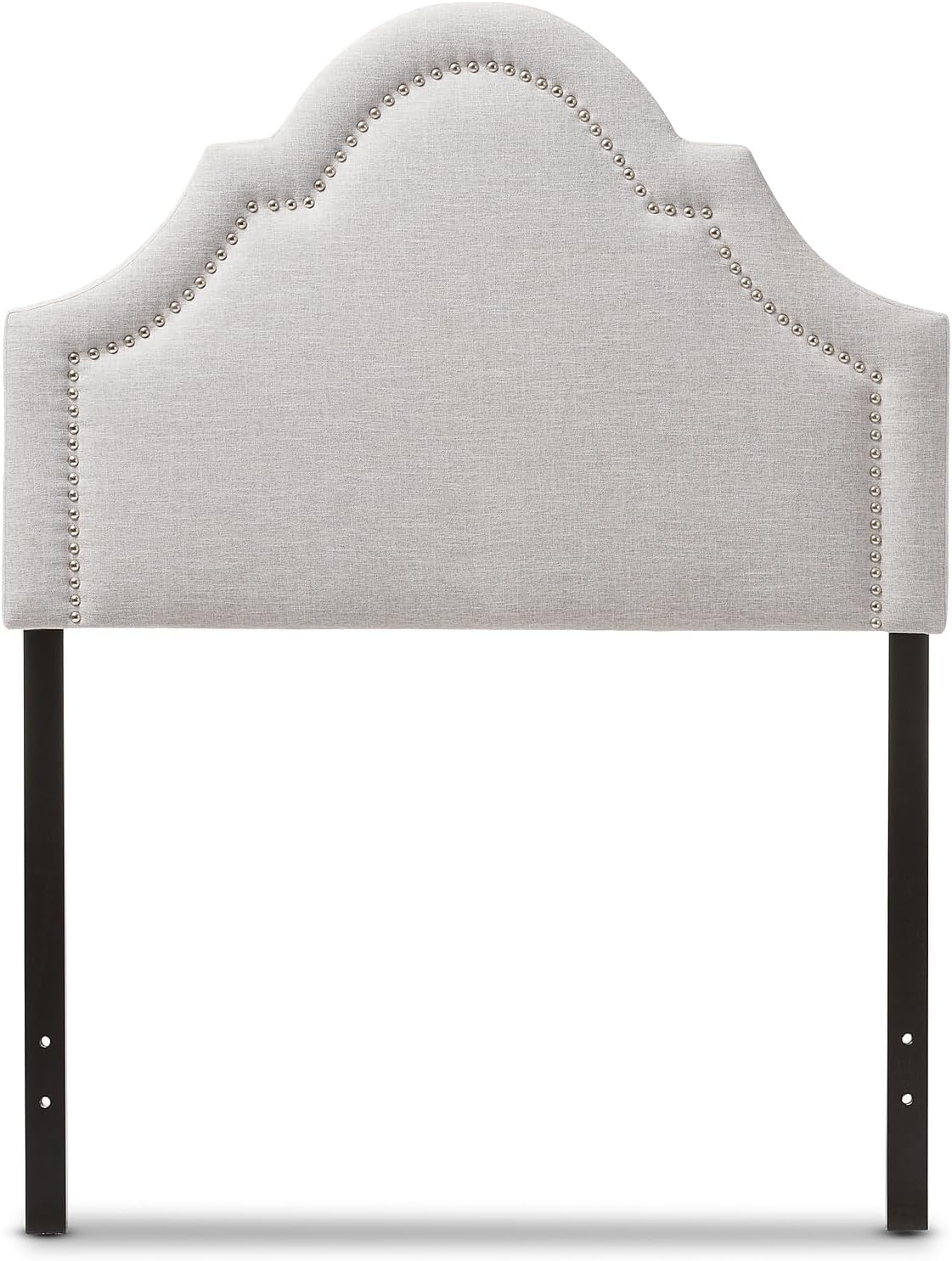 Pemberly Row Modern Queen Upholstered Headboard, Grayish Beige Polyester Fabric, Solid Rubberwood Frame, Curvy Design with Silver Nail Head Trim, Adjustable Height, Durable Bedroom Accent Furniture