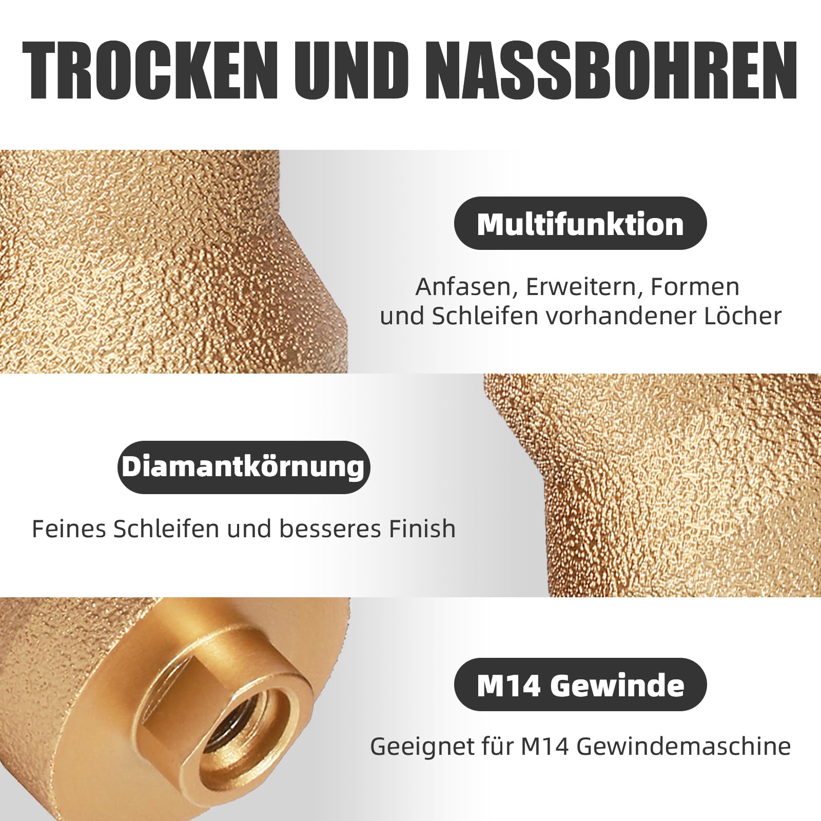 Diamant Stufenbohrer Fase Bohrer, 20-35-50mm M14 Gewinde Fliesenbohrer für Winkelschleifer, Lochsäge zum Vergrößern Beschneiden Formung Löcher für Marmor, Beton, Kunststein