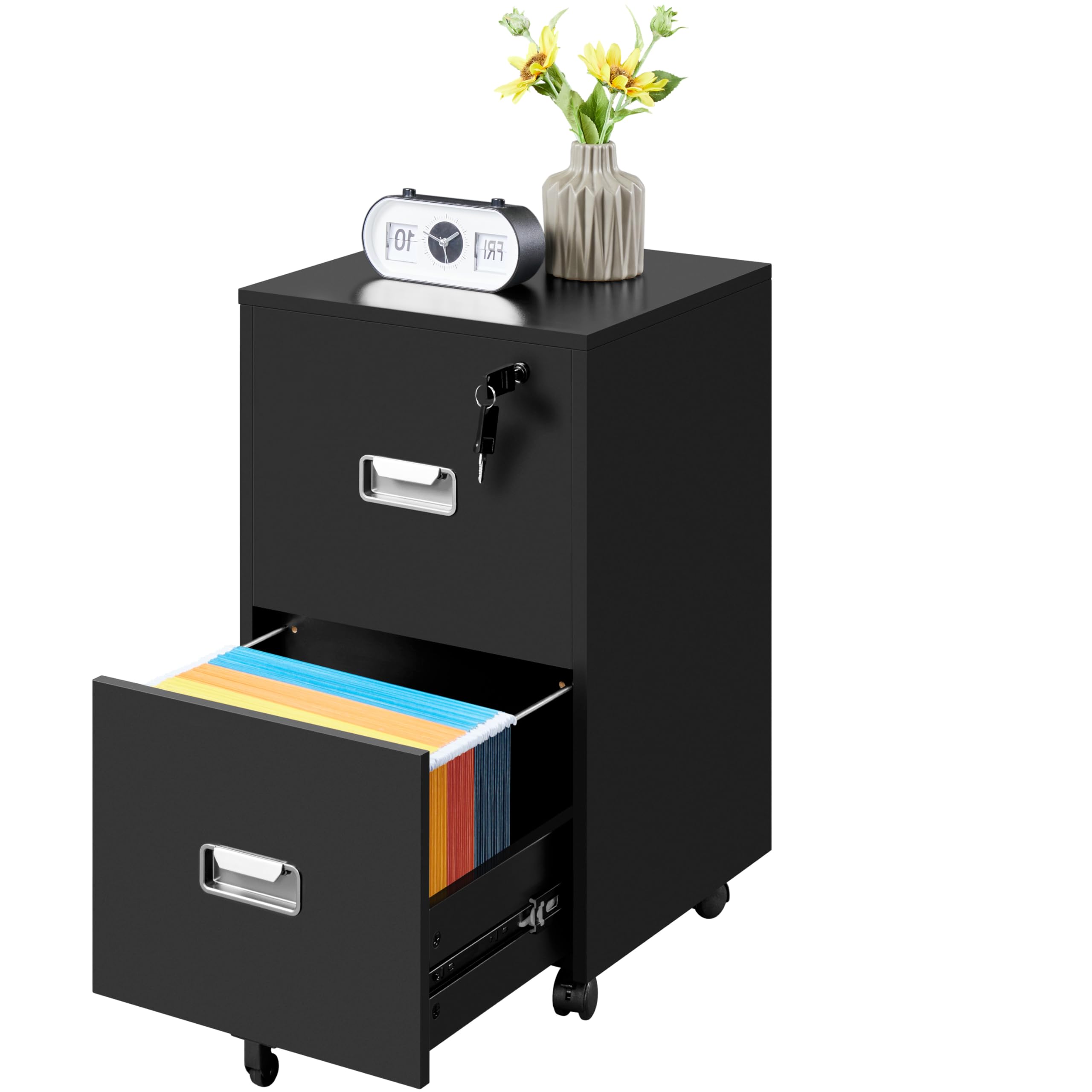 Cassettiera da Ufficio con Cassetti Salvaspazio Mobiletto da Ufficio con Rotelle Portadocumenti per Documenti Formato A4 e Lettera Studio in Legno e Metallo Nero