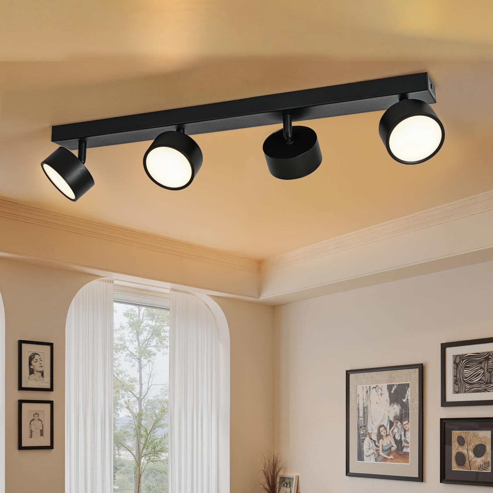 Plafones LED Lámpara de Techo 4 Focos Orientable, Plafones de Techo Negro LED Foco de techo 28W Blanco Cálido 3000K Plafón Pared Interior Moderno Para Cocina Pasillos Salón Dormitorios