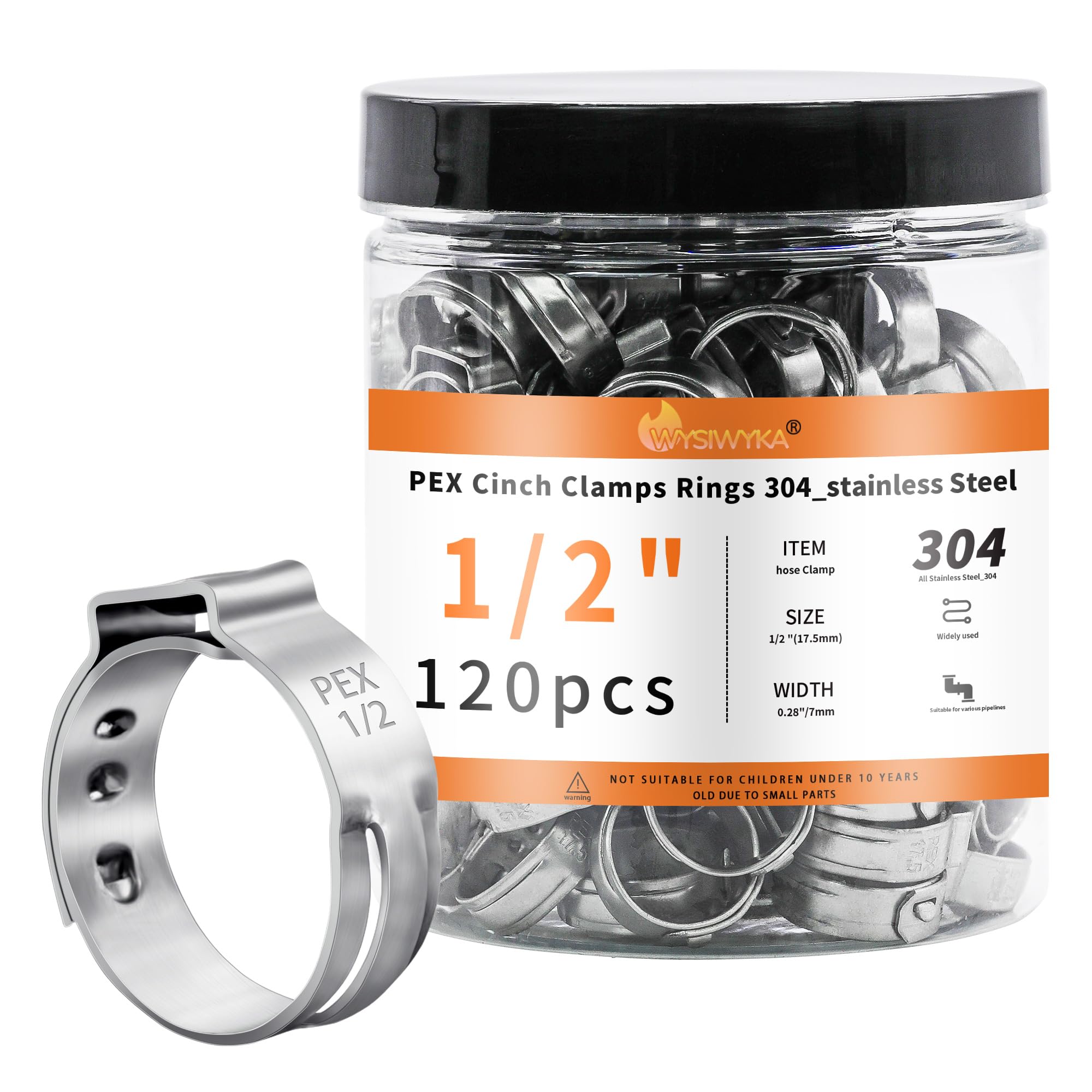 120pcs 1/2 inch PEX Cinch Clamps Rings, 304 Stainless Steel Single Ear Hose Clamps, Pex Crimp Rings for PEX Tubing Pipe Fitting Connections Q